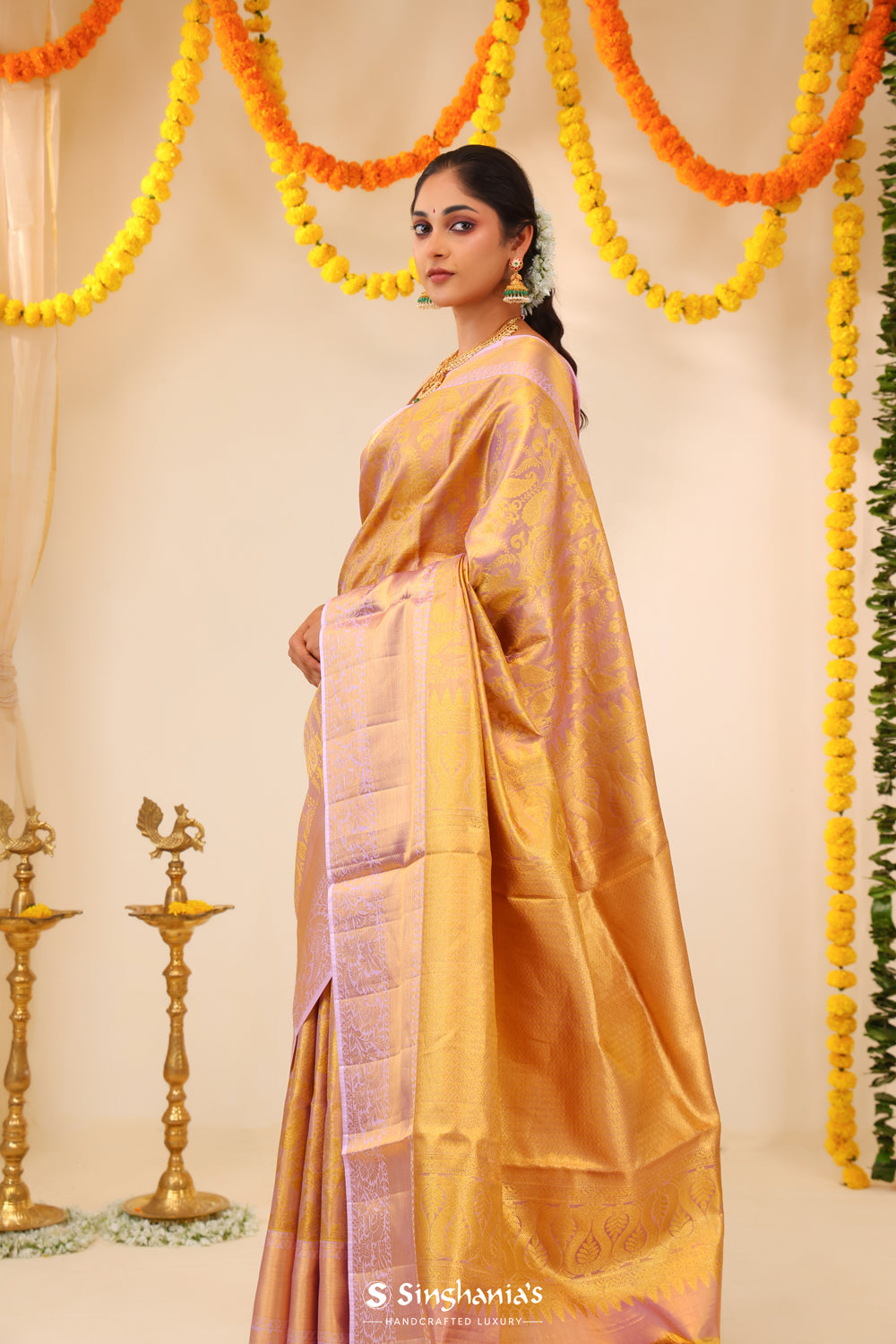 Mauve Gold Tissue Kanjivaram Saree With Floral Paisley Weave