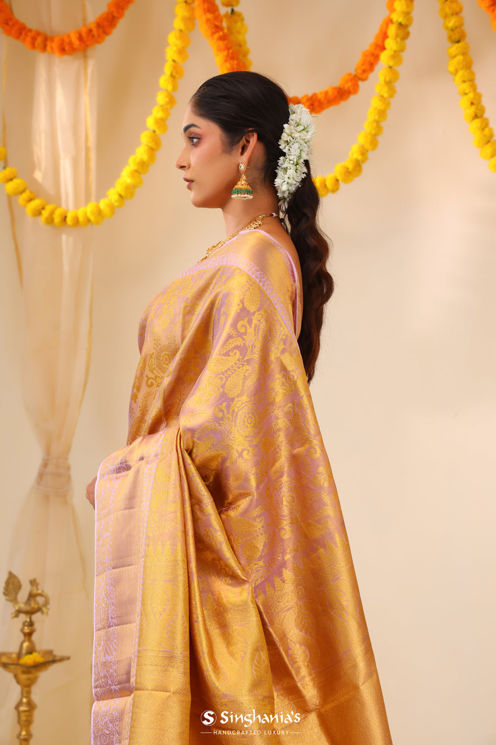 Mauve Gold Tissue Kanjivaram Saree With Floral Paisley Weave