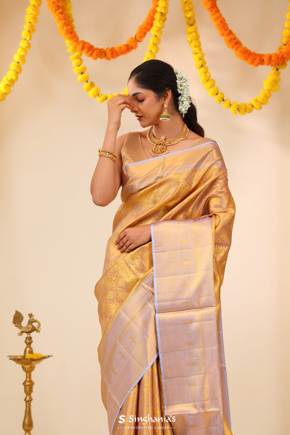 Pale Purple-Gold Tissue Kanjivaram Saree With Floral Weaving