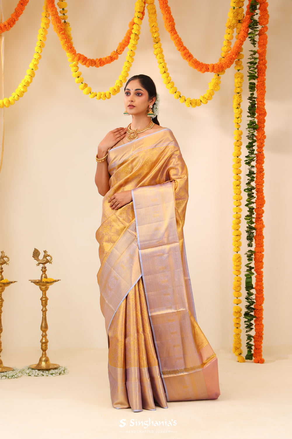 Pale Purple-Gold Tissue Kanjivaram Saree With Floral Weaving