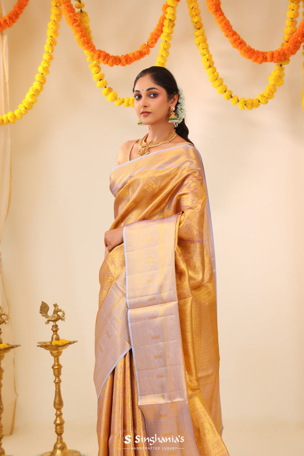 Pale Purple-Gold Tissue Kanjivaram Saree With Floral Weaving