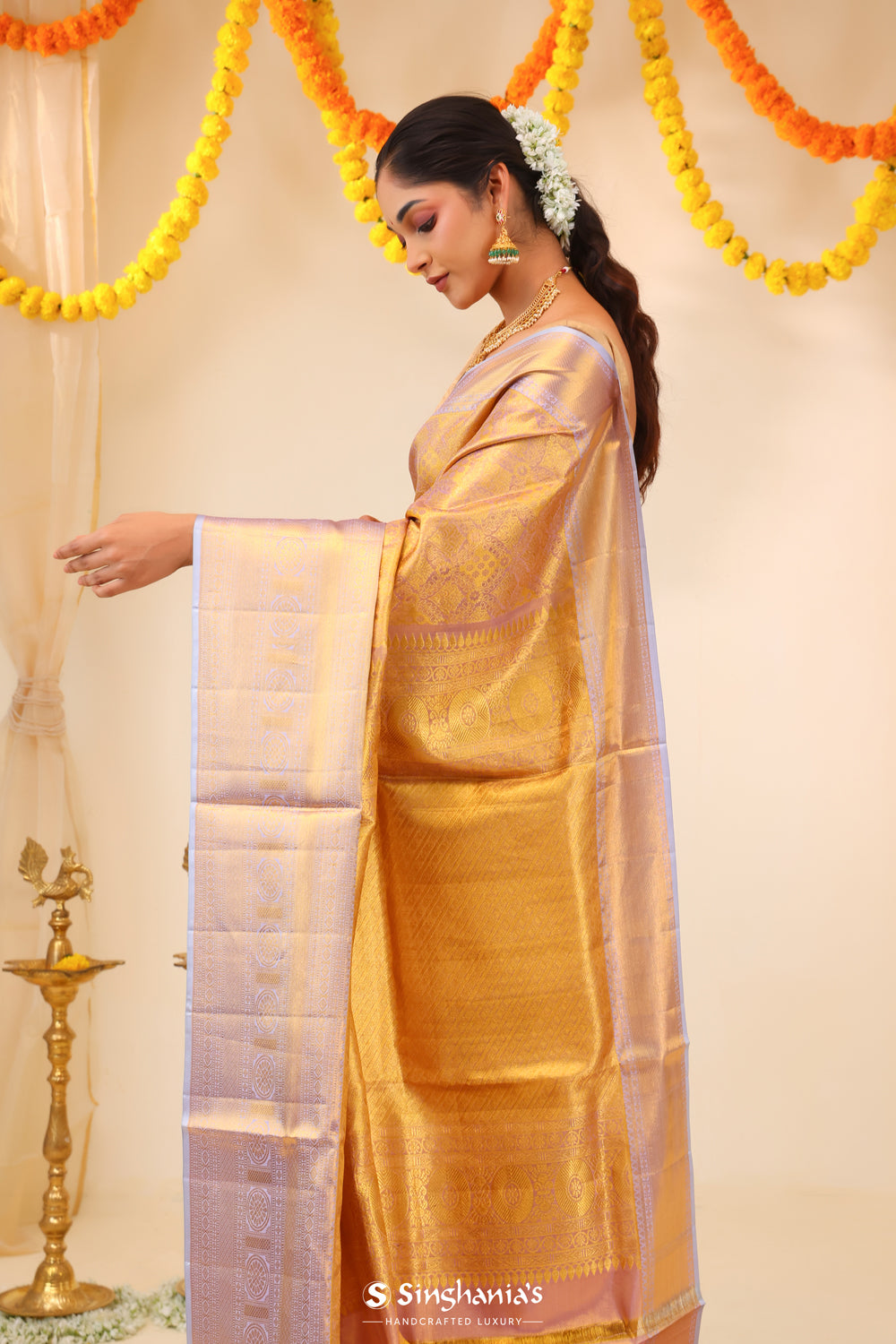 Pale Purple-Gold Tissue Kanjivaram Saree With Floral Weaving