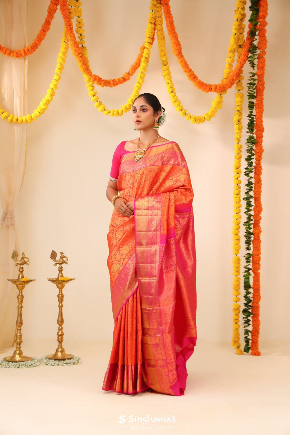 Tomato Red Kanjivaram Silk Saree With Floral-Birds Weaving