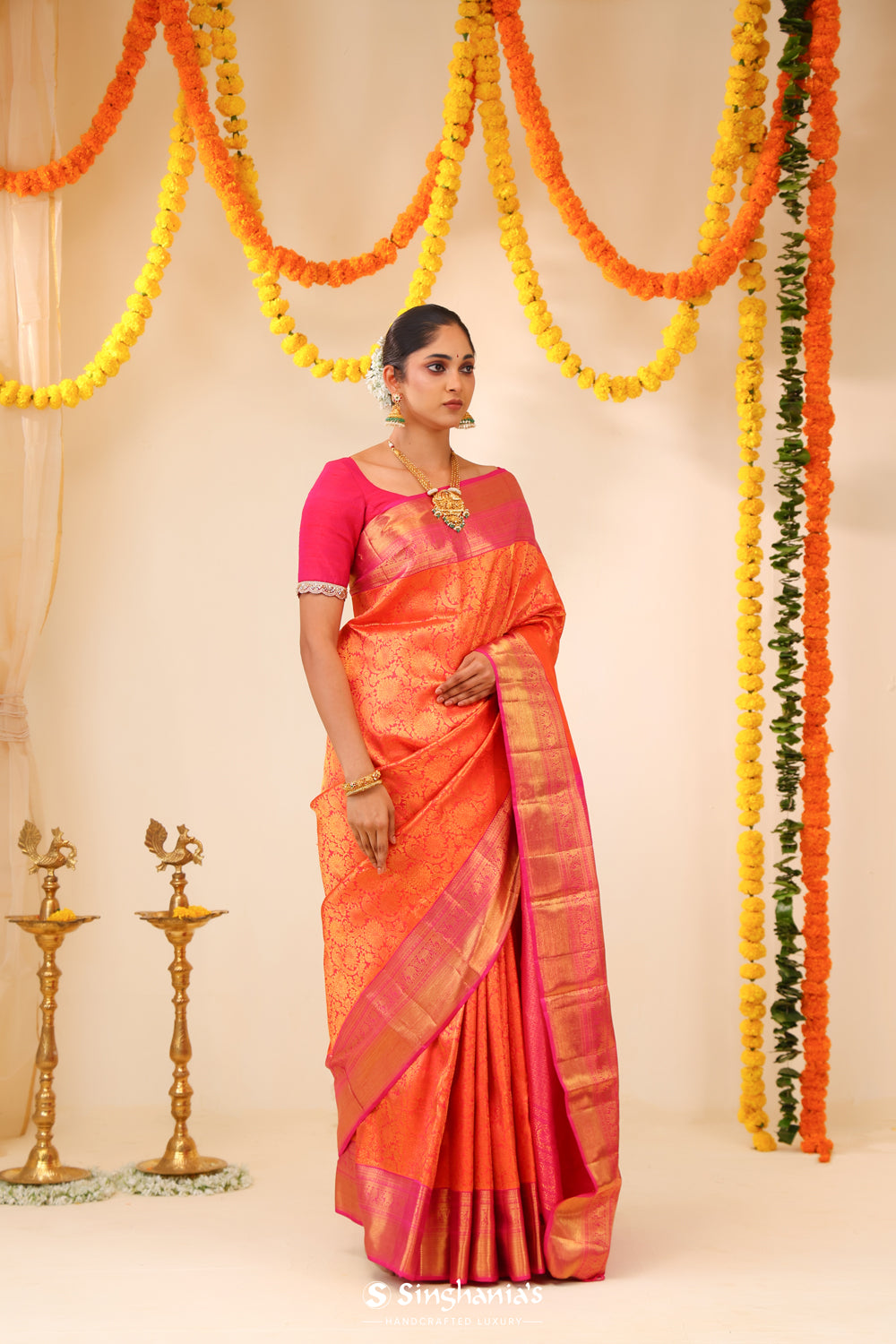 Tomato Red Kanjivaram Silk Saree With Floral-Birds Weaving