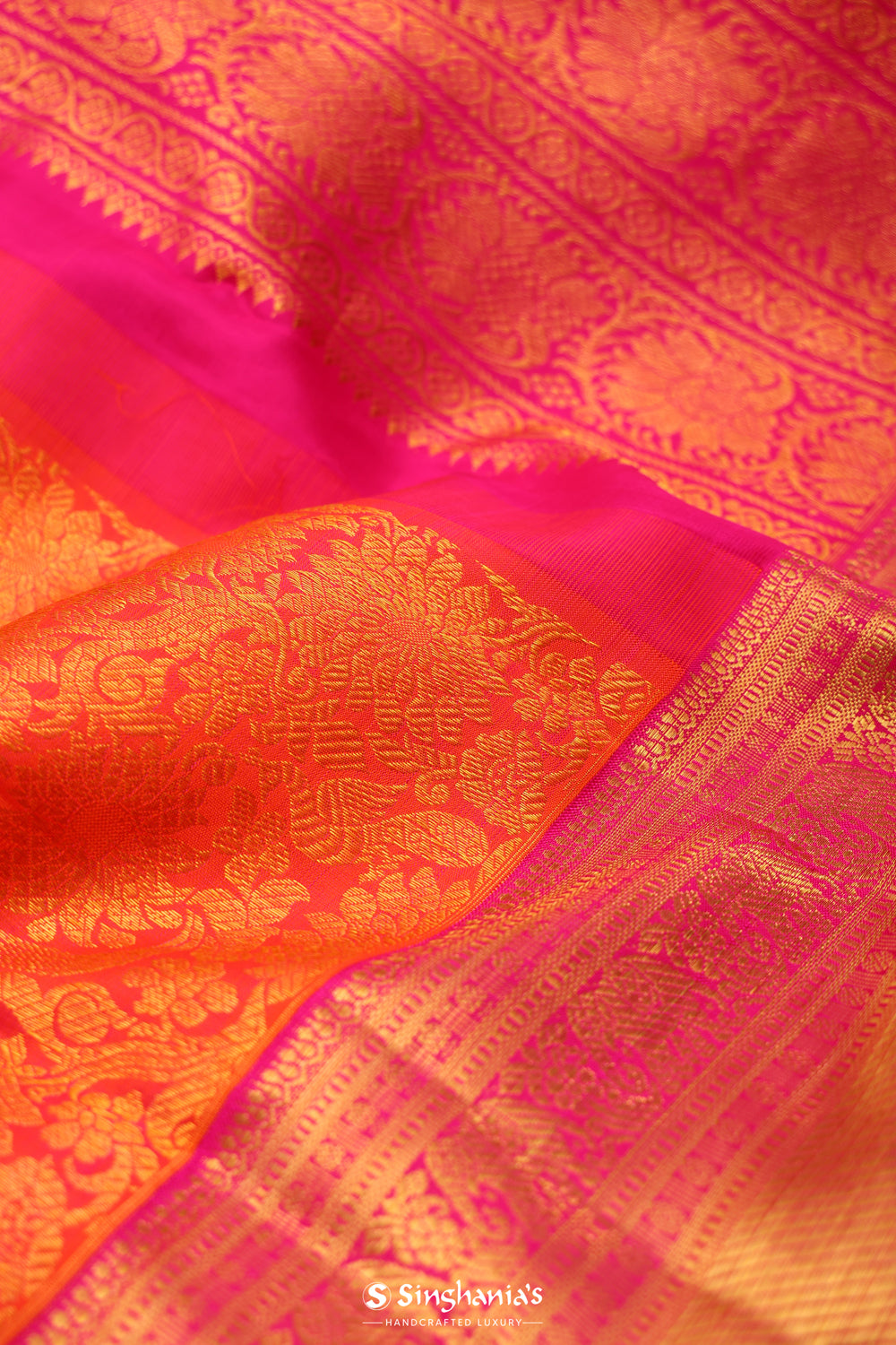 Tomato Red Kanjivaram Silk Saree With Floral-Birds Weaving