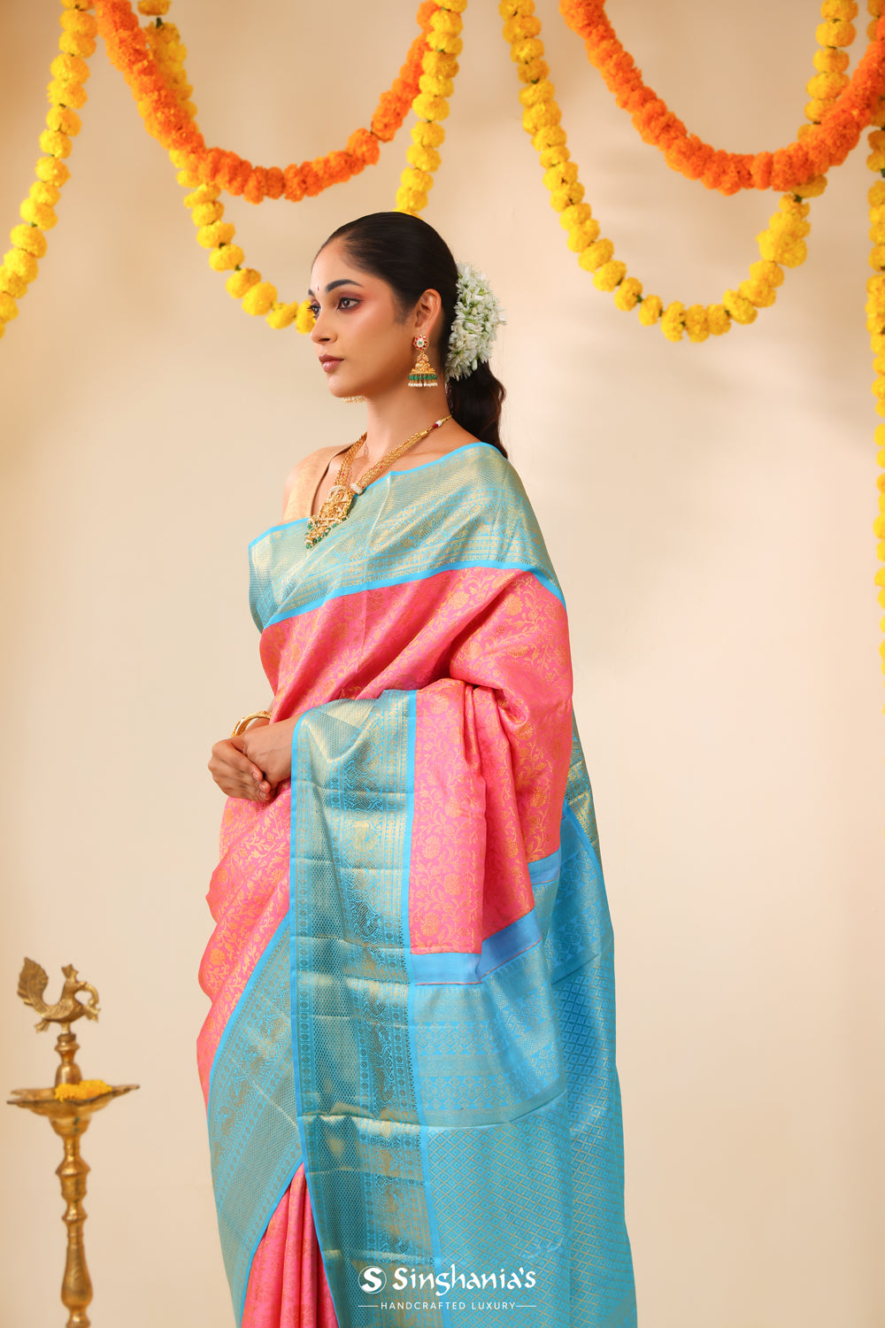 Flamingo Pink Kanjivaram Silk Saree With Floral Jaal