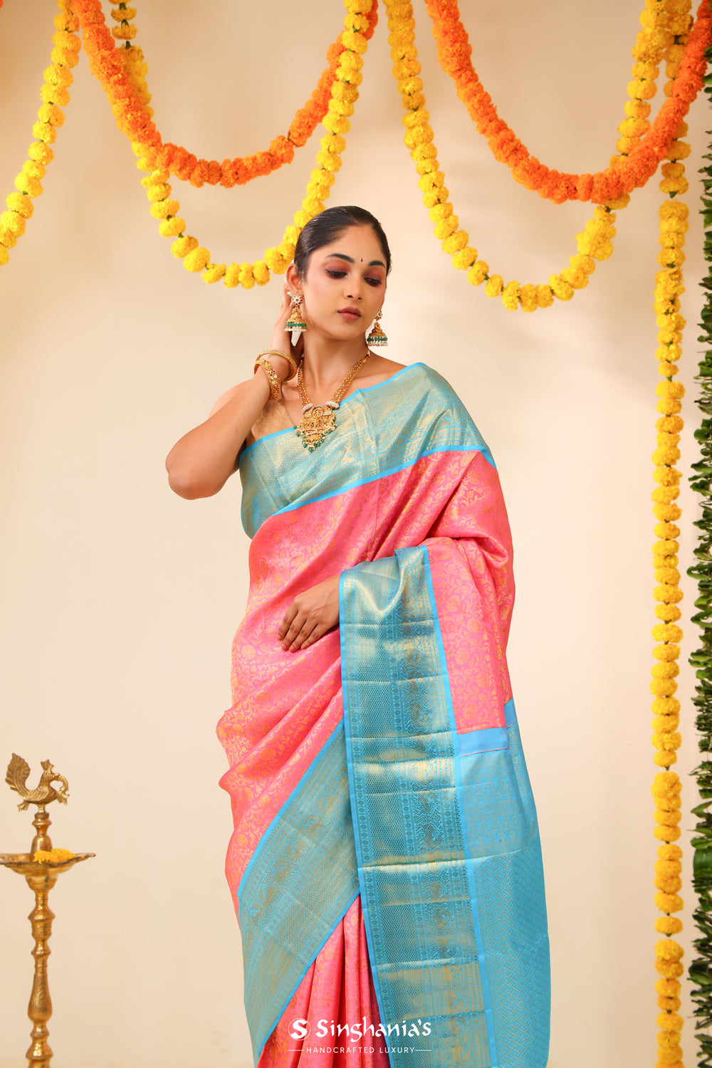 Flamingo Pink Kanjivaram Silk Saree With Floral Jaal