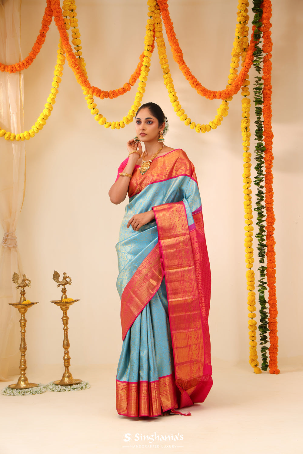 Sky Blue Kanjivaram Silk Saree With Floral Jaal Weaving