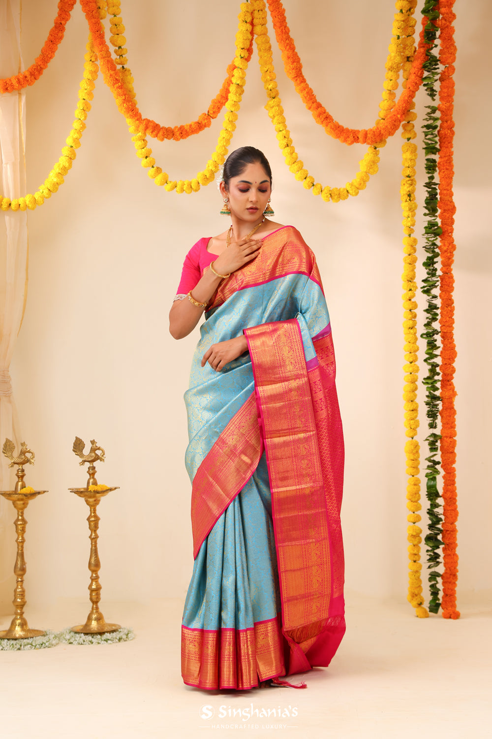 Sky Blue Kanjivaram Silk Saree With Floral Jaal Weaving