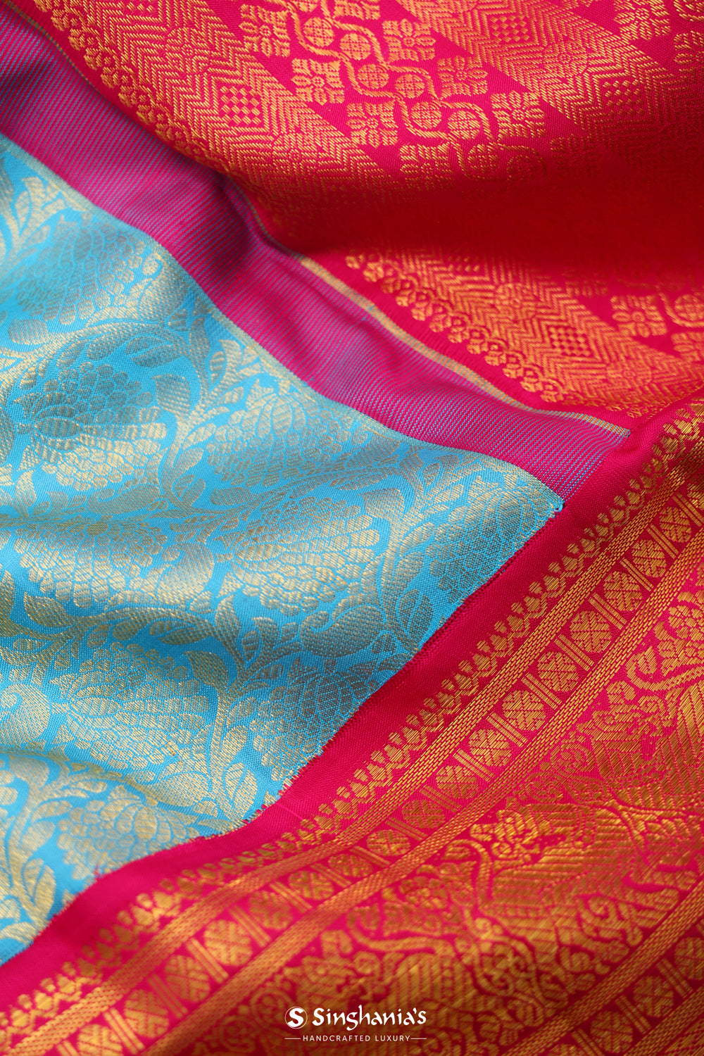 Sky Blue Kanjivaram Silk Saree With Floral Jaal Weaving