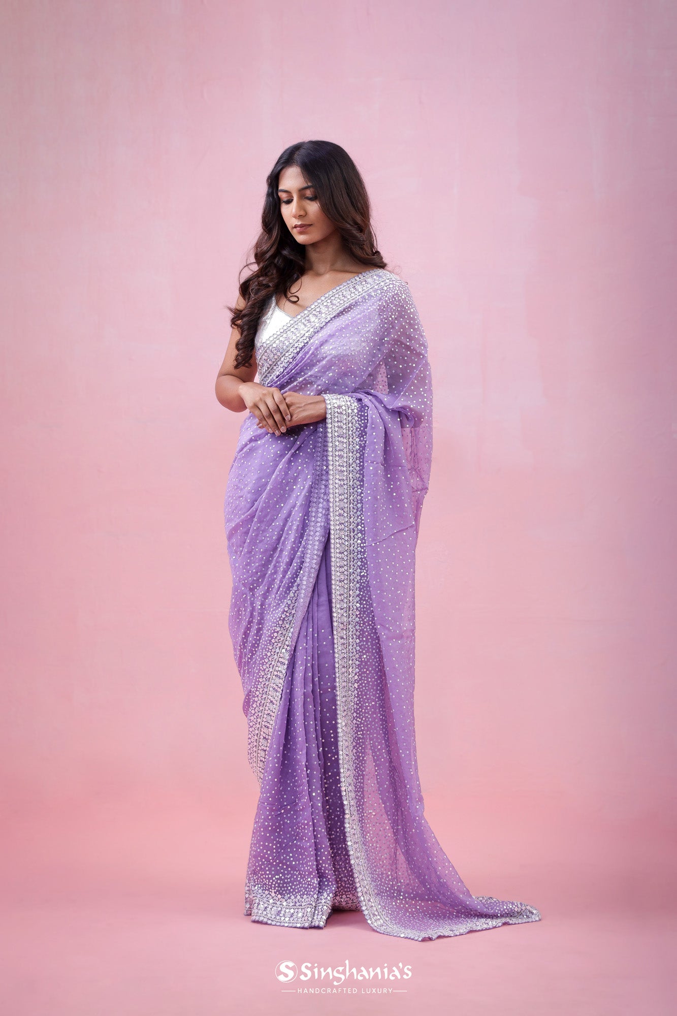 Iris Purple Organza Saree With Hand Embroidery