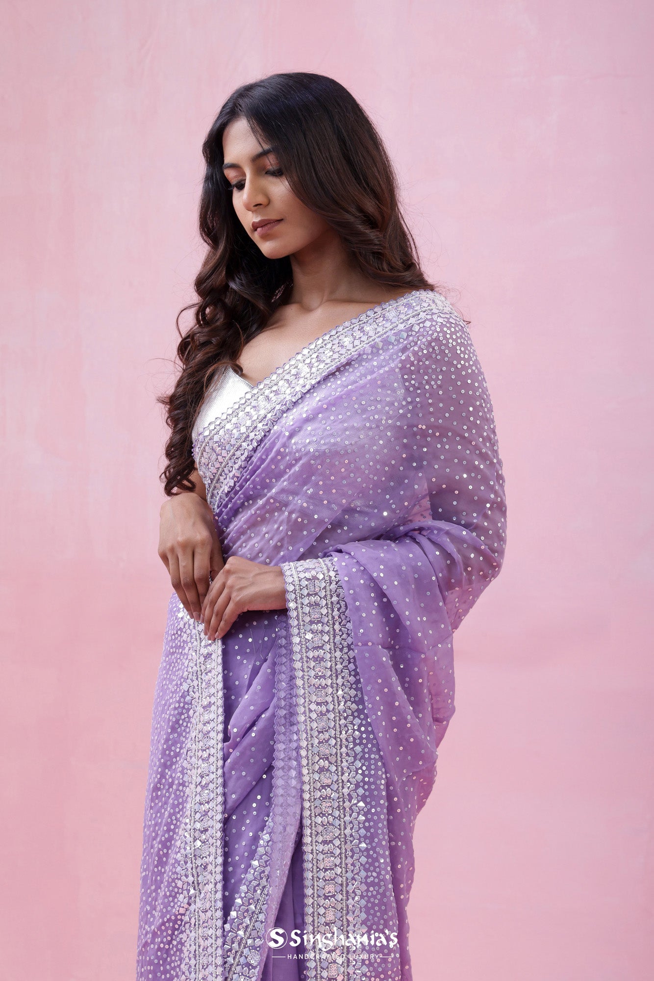 Iris Purple Organza Saree With Hand Embroidery