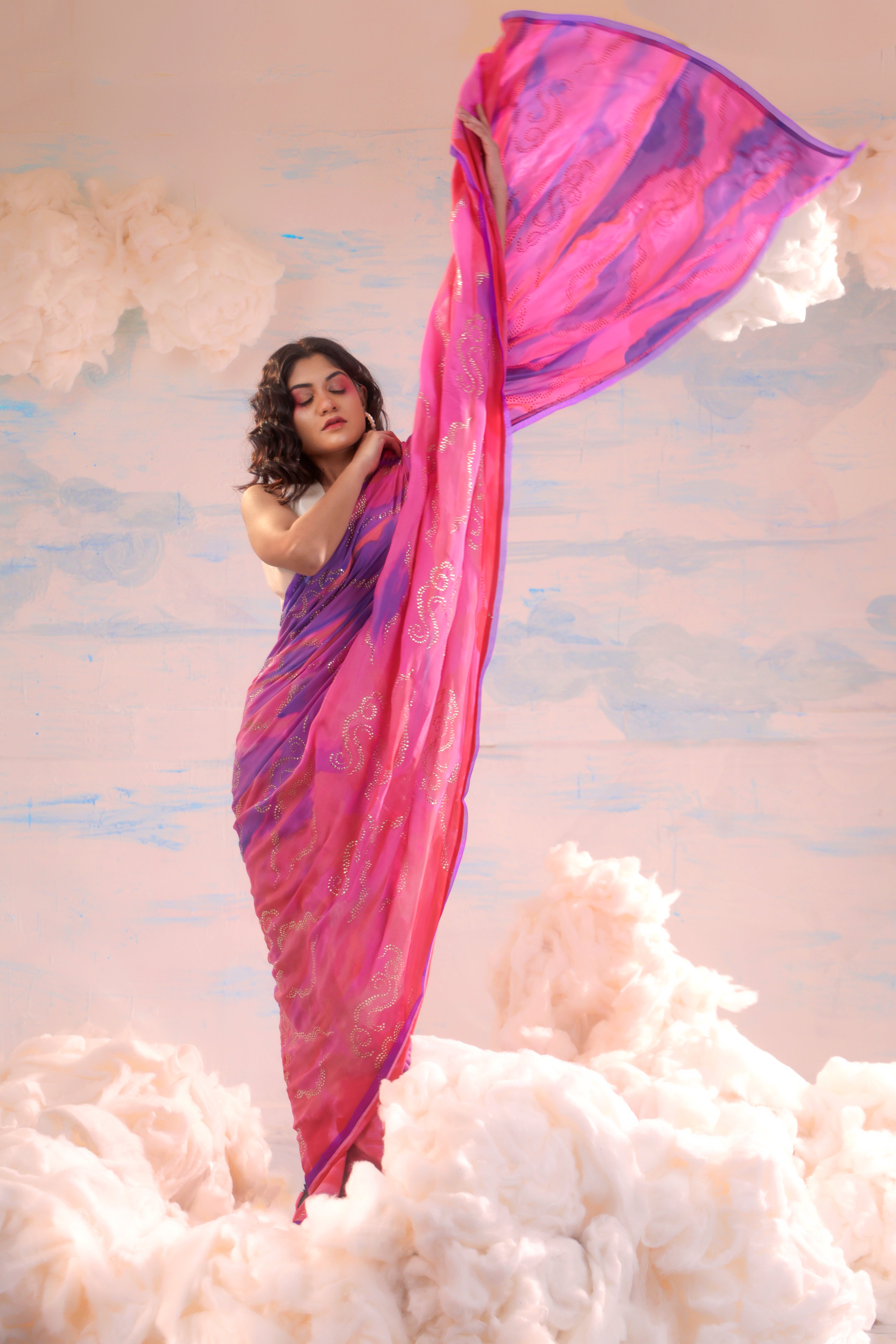 Pink-Blue Purple Handcrafted Crepe Saree With Badla Embroidery