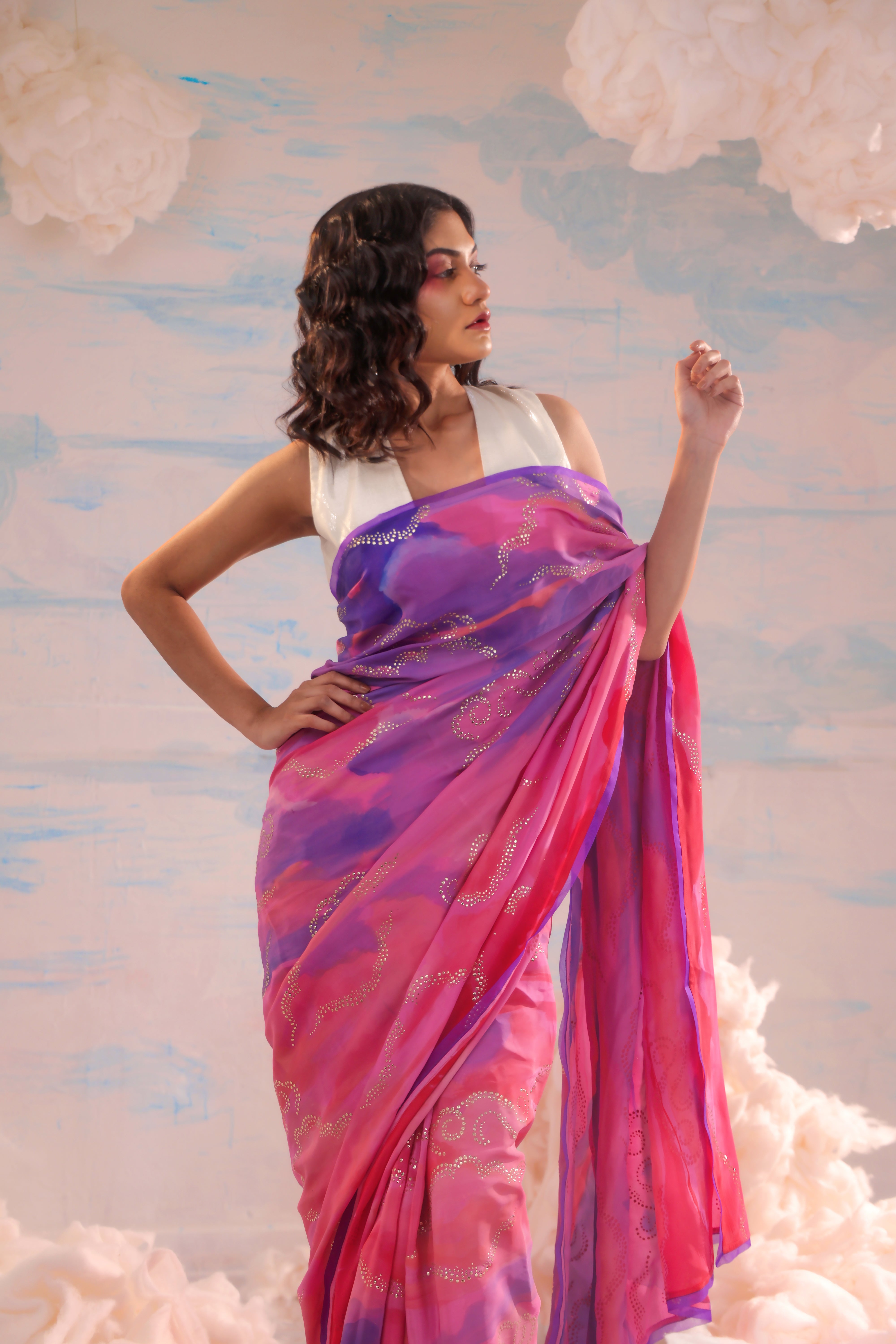 Pink-Blue Purple Handcrafted Crepe Saree With Badla Embroidery