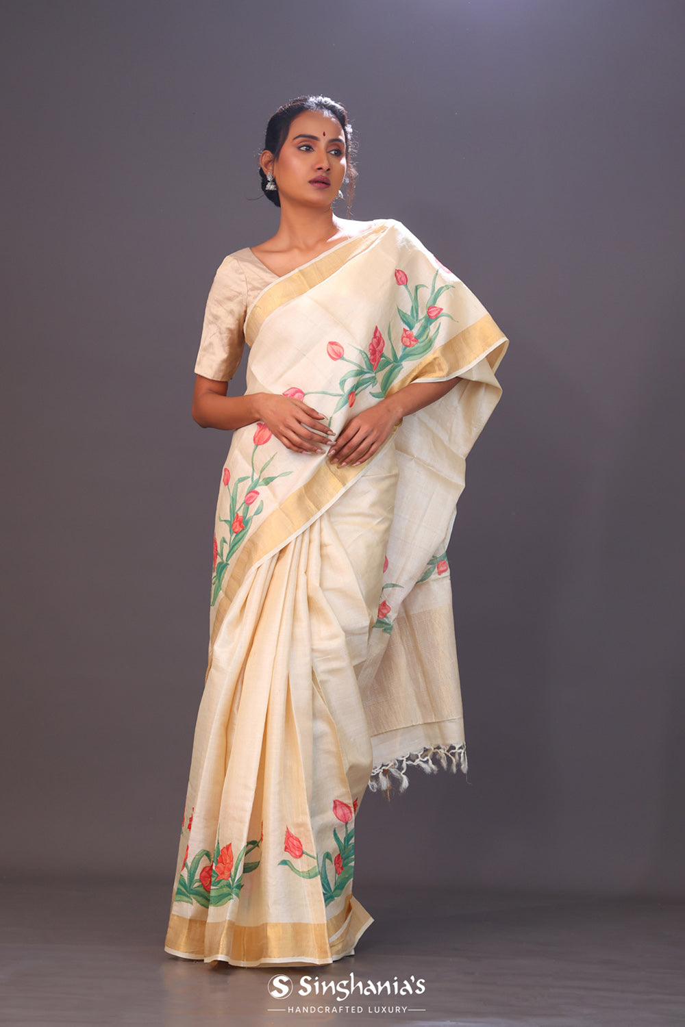 Champagne Beige Printed Floral Tussar Silk Saree