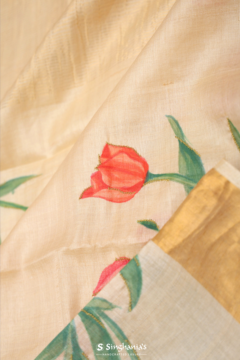 Champagne Beige Printed Floral Tussar Silk Saree