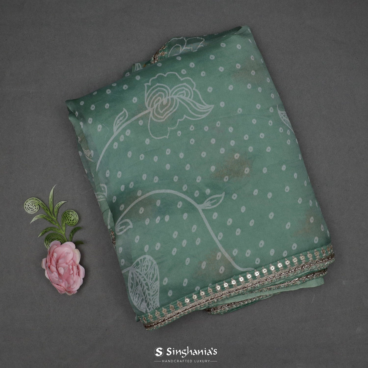 Turquoise Green Organza Saree With Bandhani And Floral Pattern