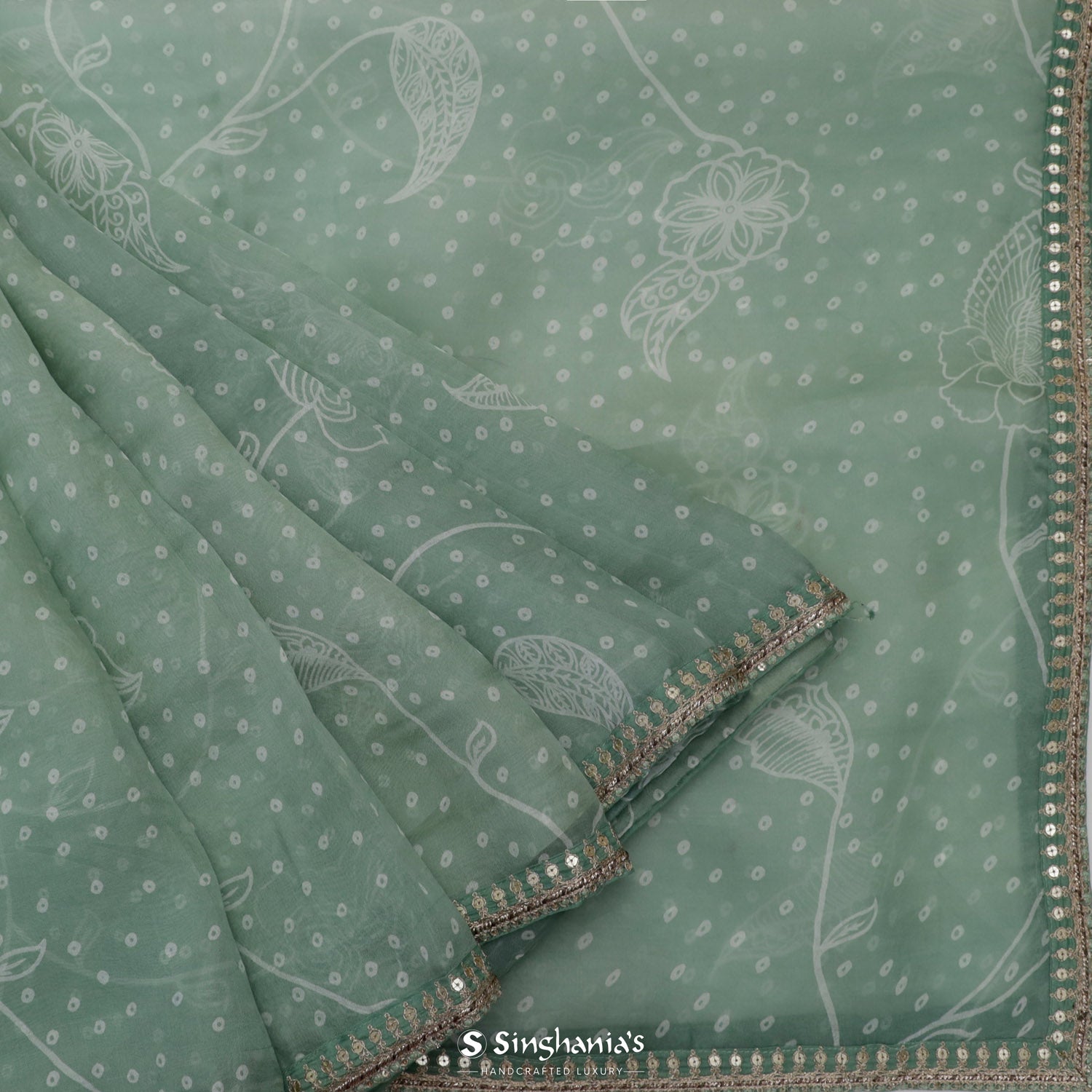 Turquoise Green Organza Saree With Bandhani And Floral Pattern