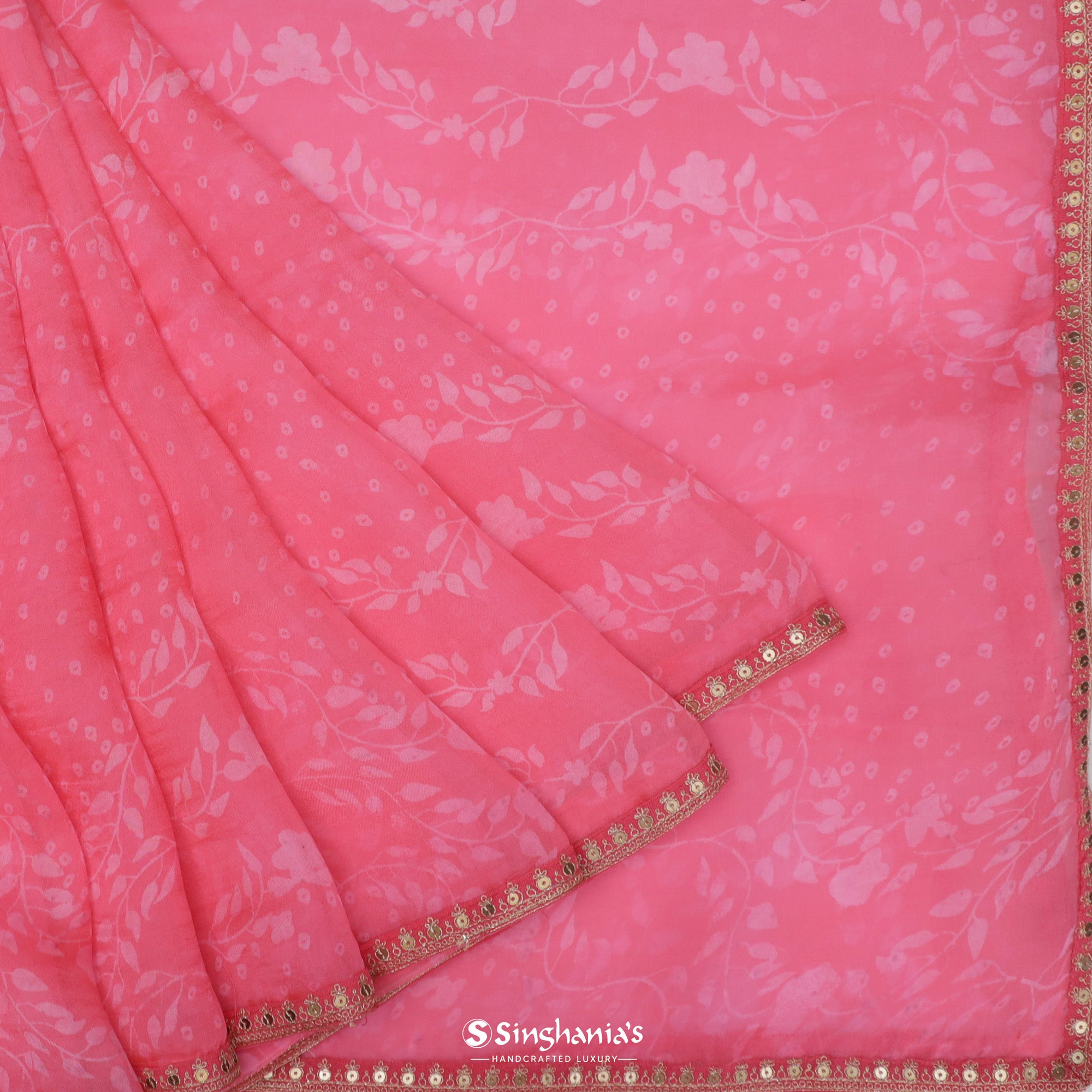 Flamingo Pink Organza Saree With Floral Print