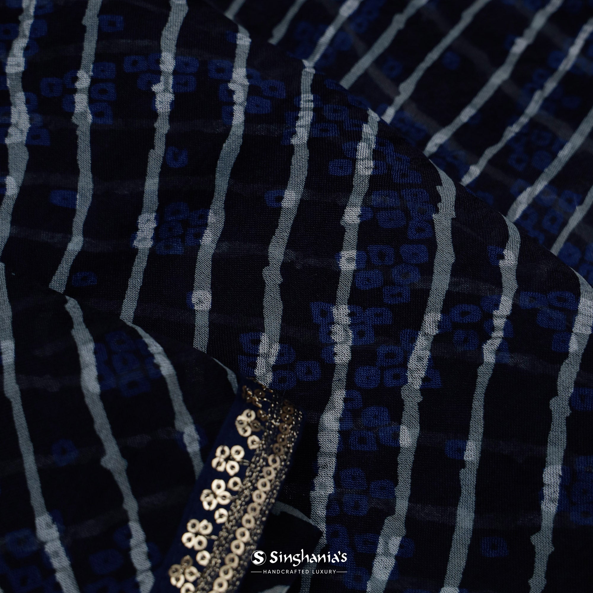 Deep Blue Printed Organza Saree With Bandhani And Leheriya Pattern
