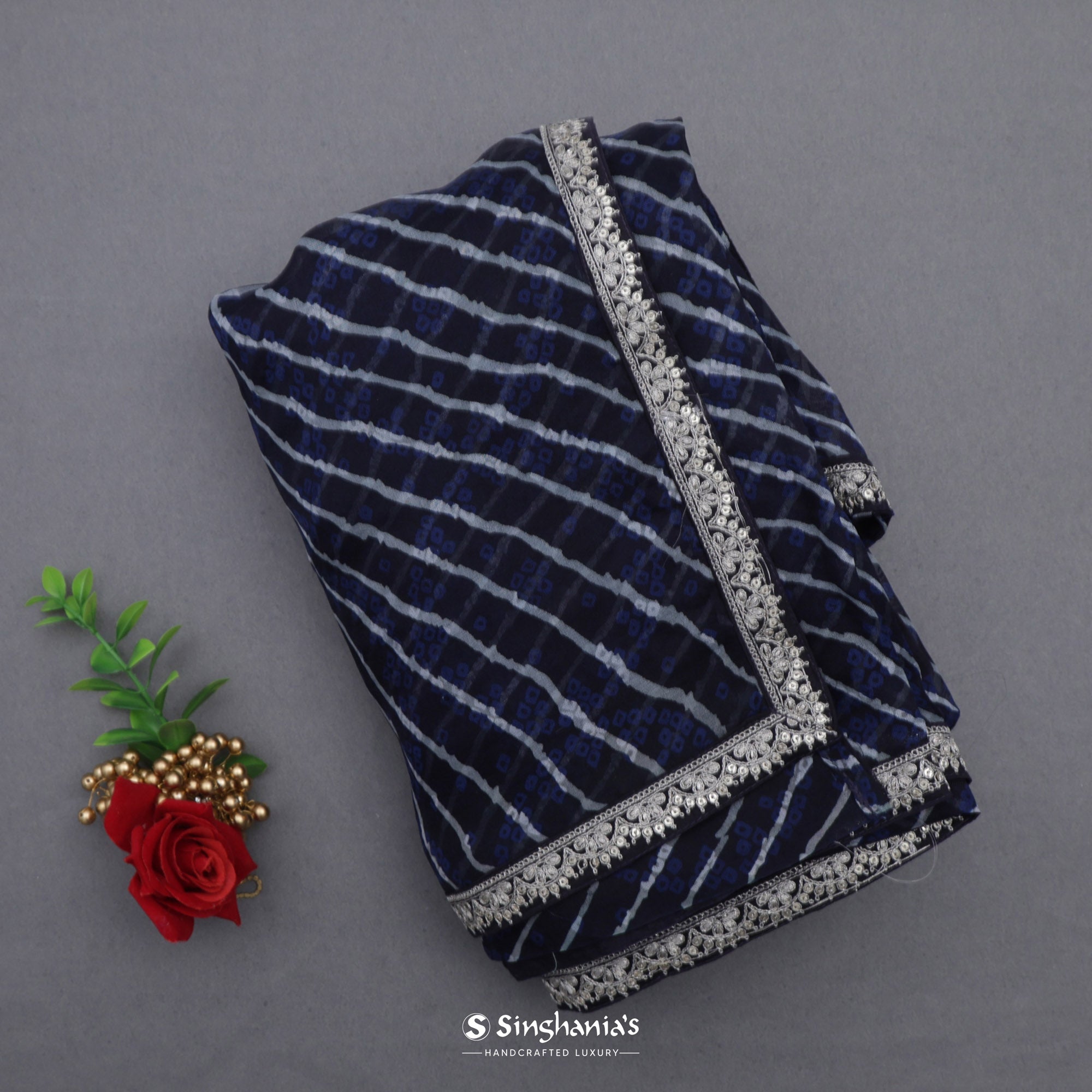 Deep Indigo Blue Printed Organza Saree With Bandhani And Leheriya Pattern