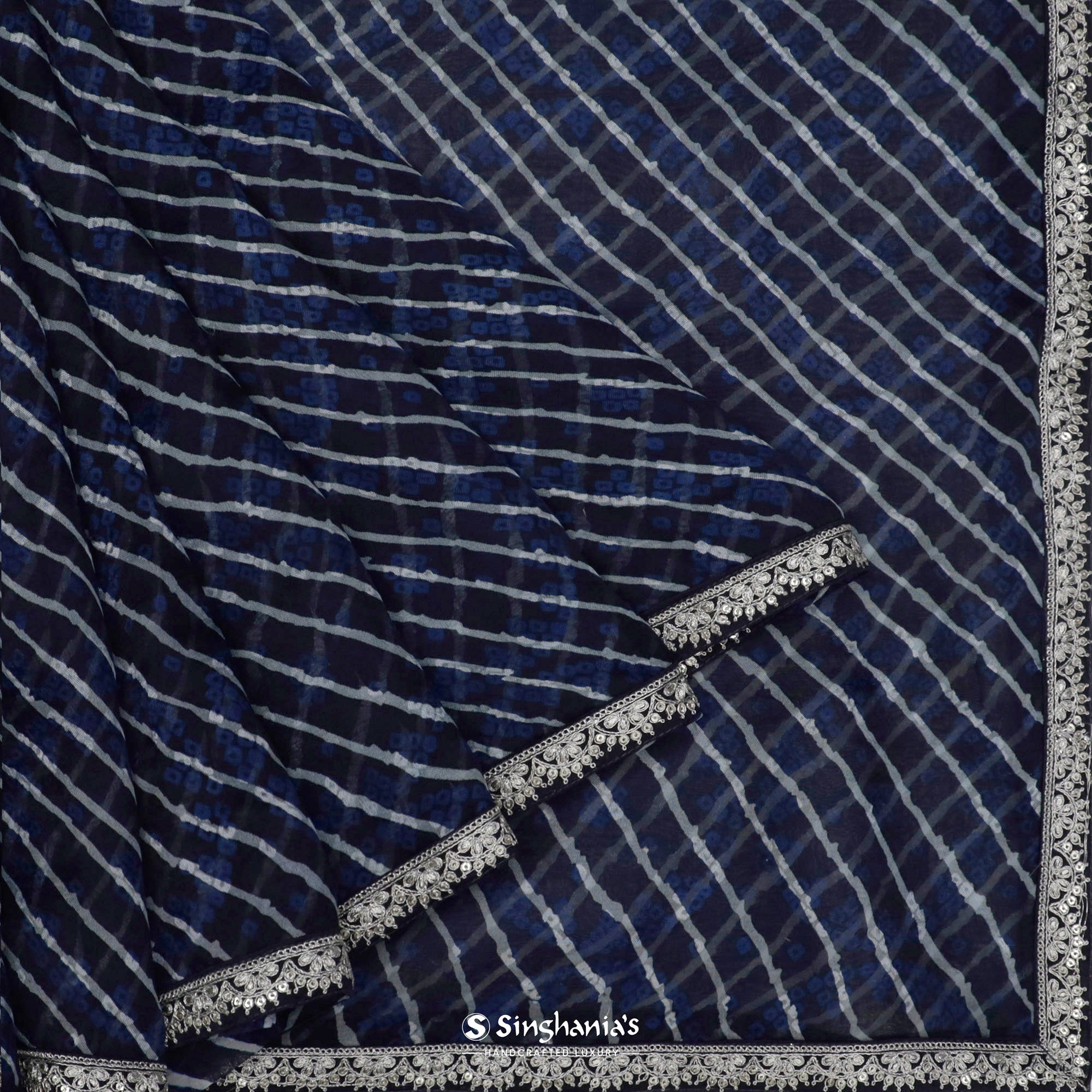 Deep Indigo Blue Printed Organza Saree With Bandhani And Leheriya Pattern