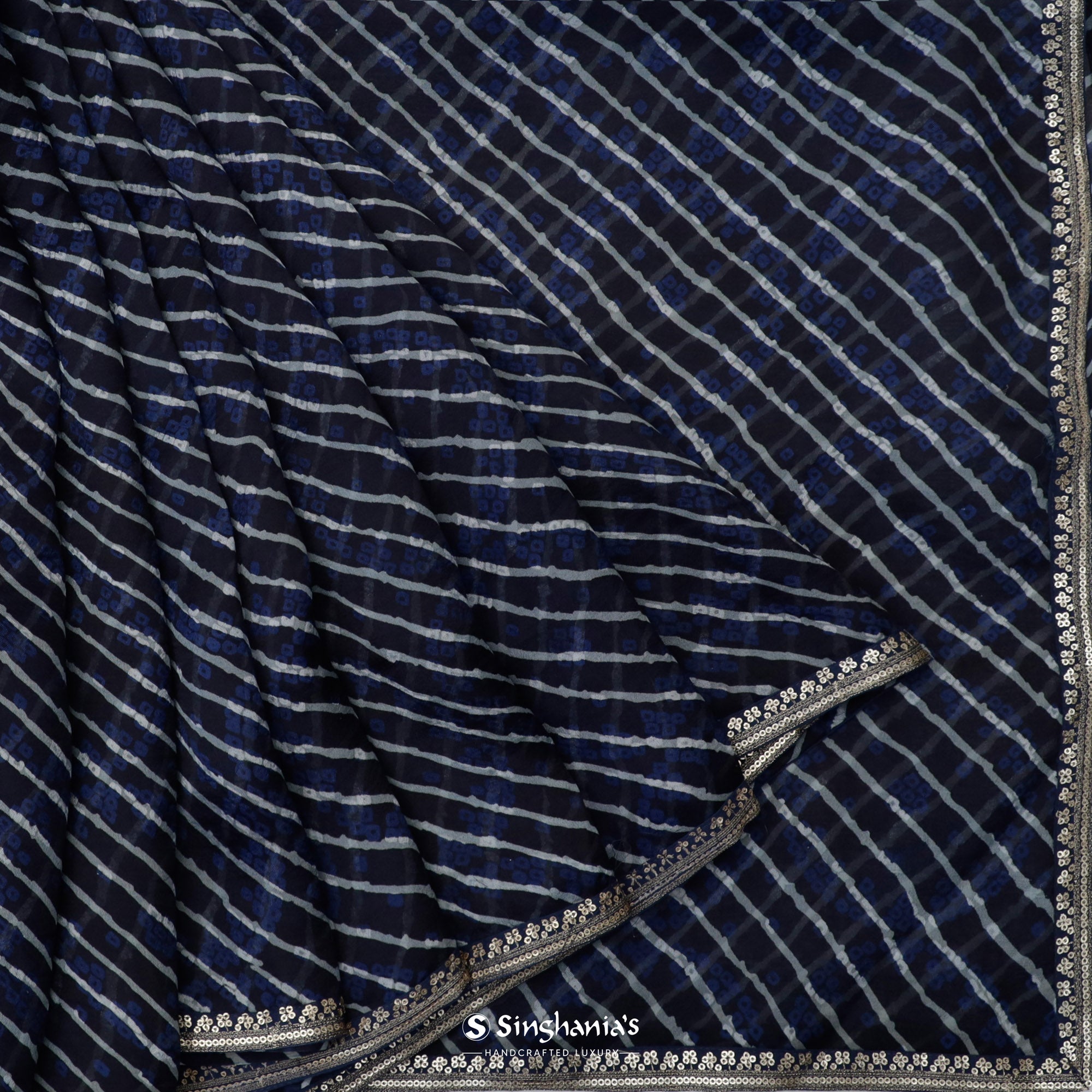 Dark Blue Printed Organza Saree With Bandhani And Leheriya Pattern