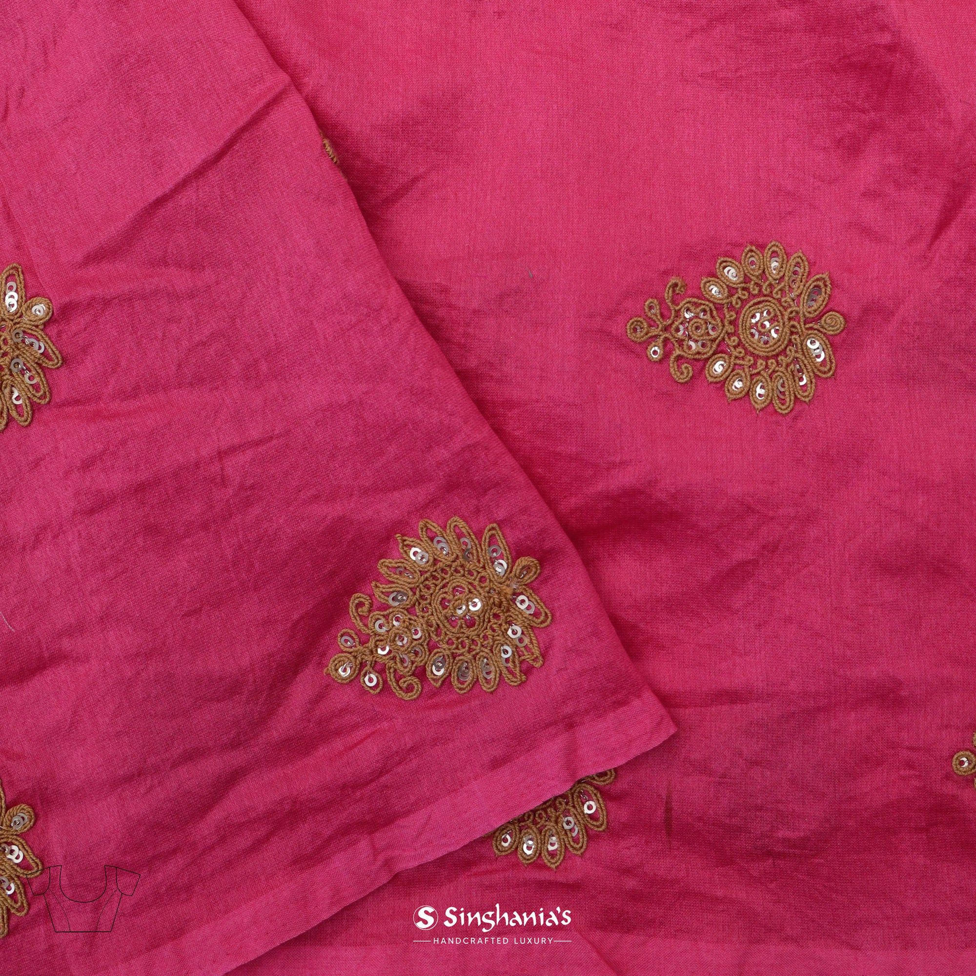 Dark Pink Printed Organza Saree With Bandhani Butti And Embroidery