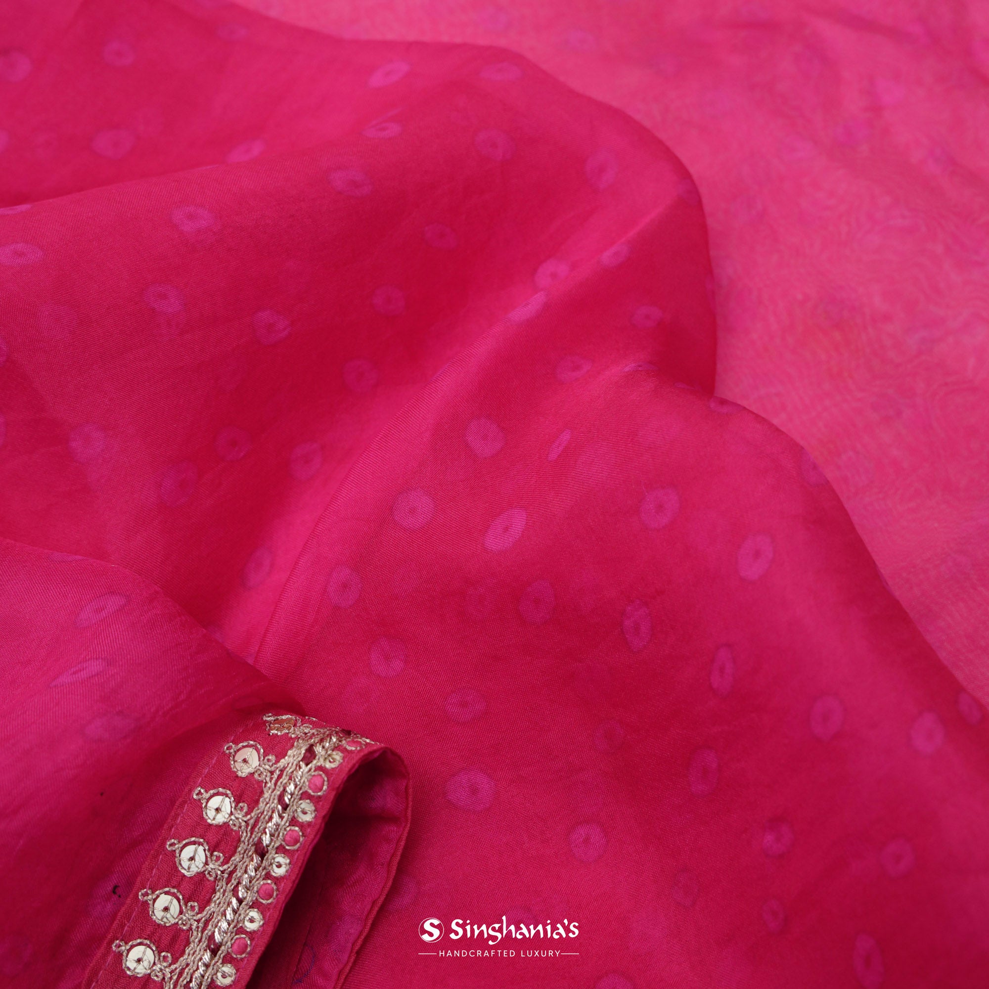 Dark Pink Printed Organza Saree With Bandhani Butti And Embroidery