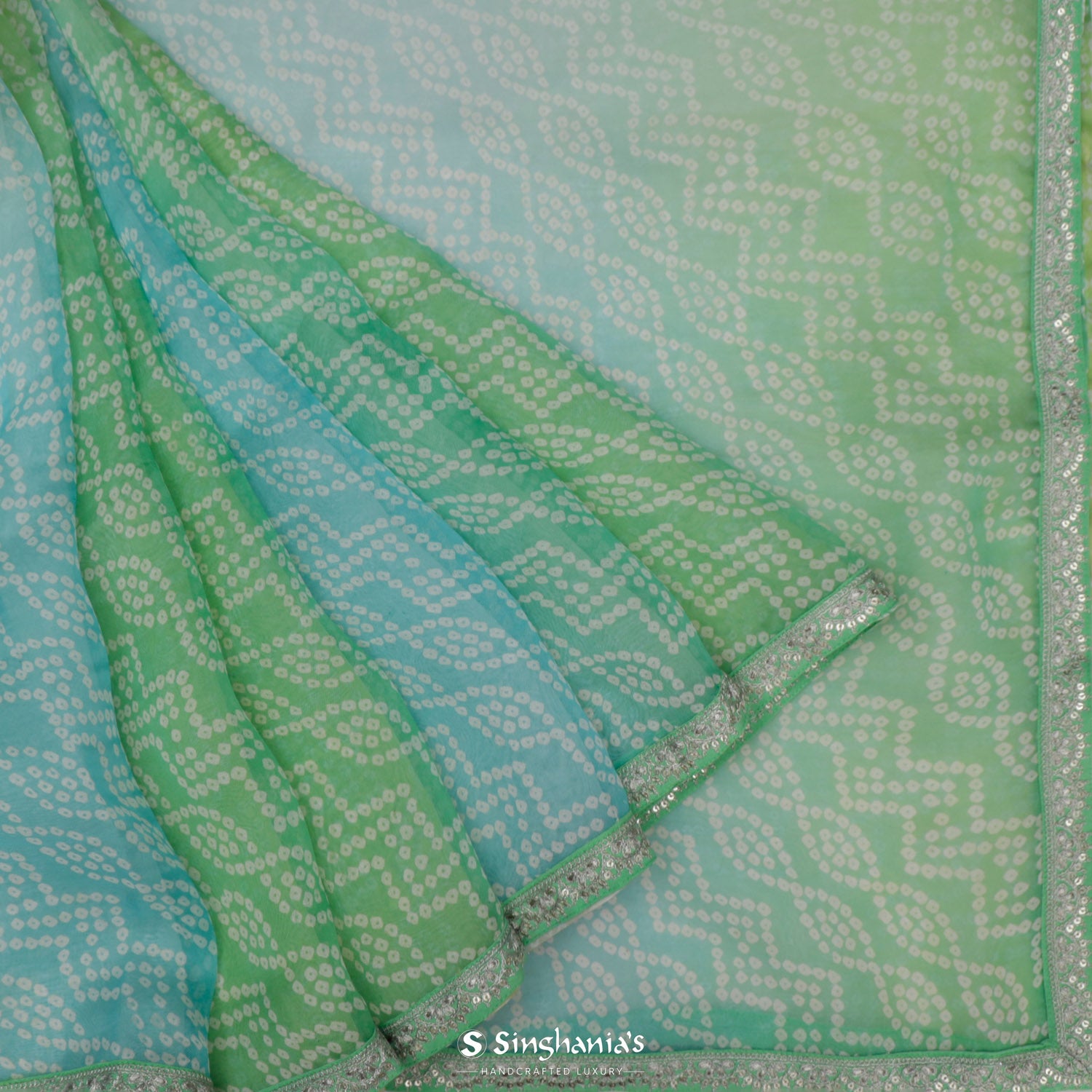 Ice Blue Printed Organza Saree With Bandhani Pattern