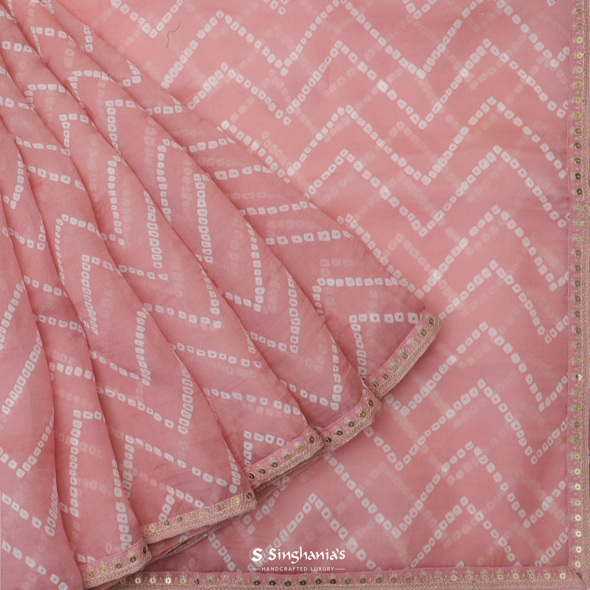 Baby Pink Printed Organza Saree With Bandhani Pattern