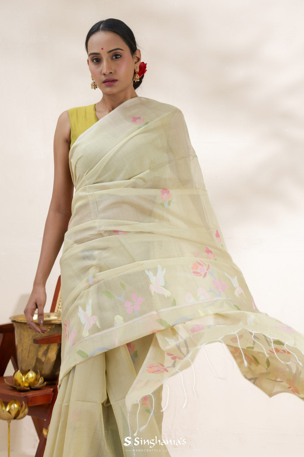 Gin Green Jamdani Banarasi Silk Saree With Floral-Bird Pattern