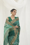 Bottle Green Chanderi Printed Saree With Chevron Pattern