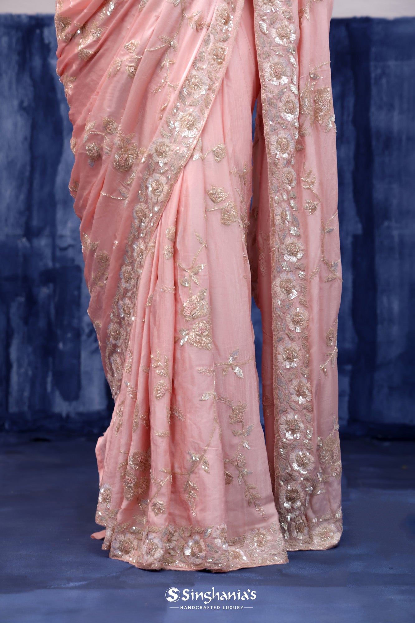 Pale Pink Organza Saree With Embroidery Work