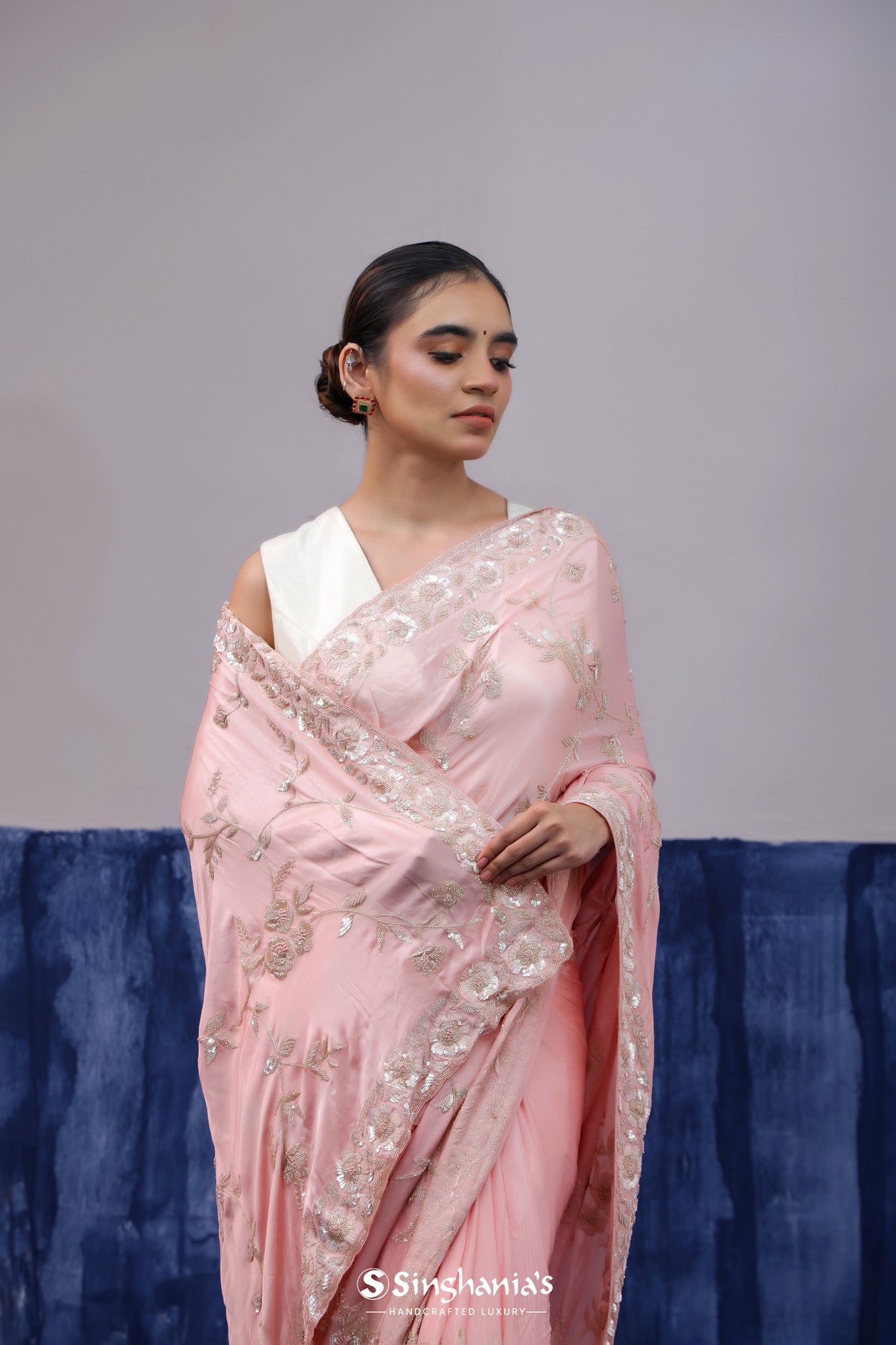 Pale Pink Organza Saree With Embroidery Work