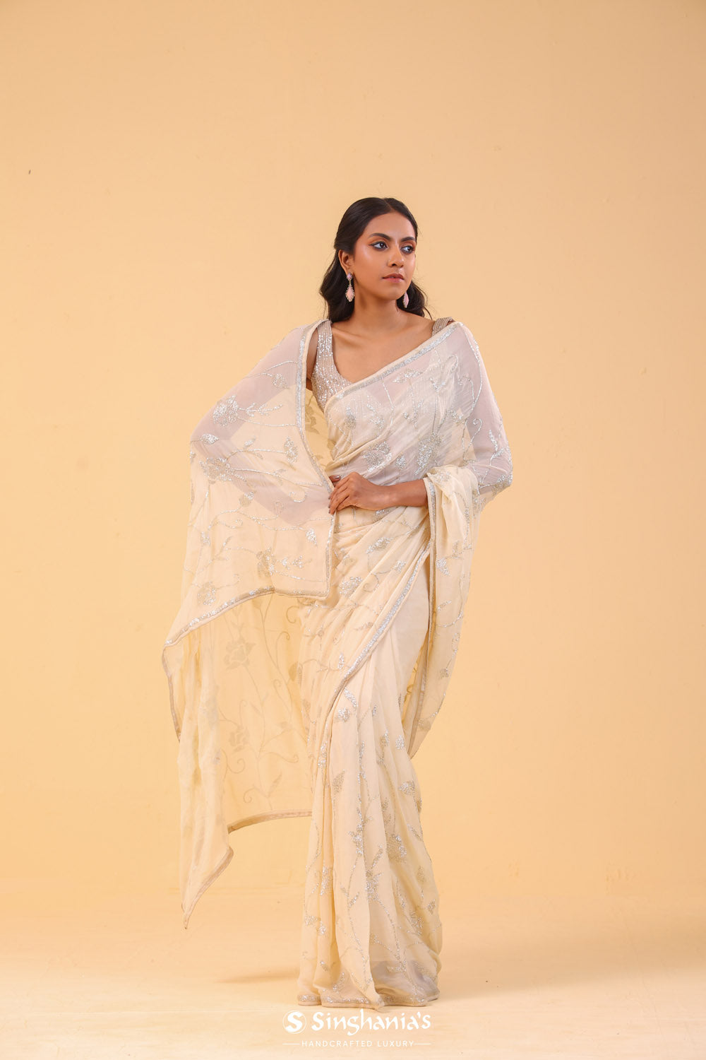 Cream White Georgette Handcrafted Saree