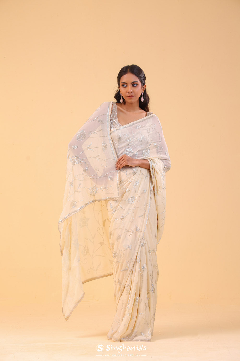 Cream White Georgette Handcrafted Saree