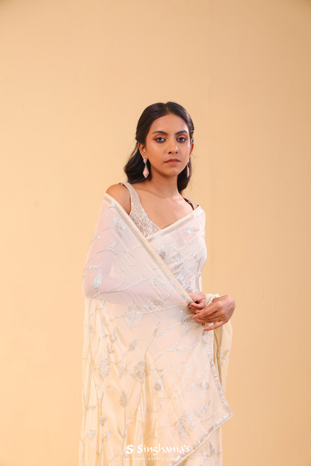 Cream White Georgette Handcrafted Saree