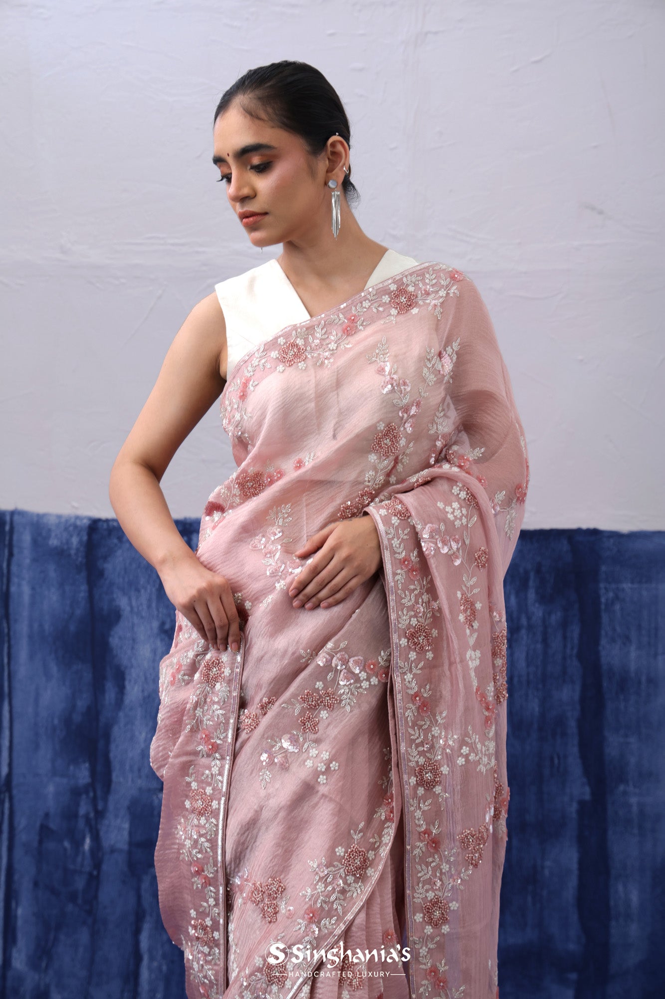Tea Rose Pink Crushed Tissue Organza Saree With Hand Embroidery