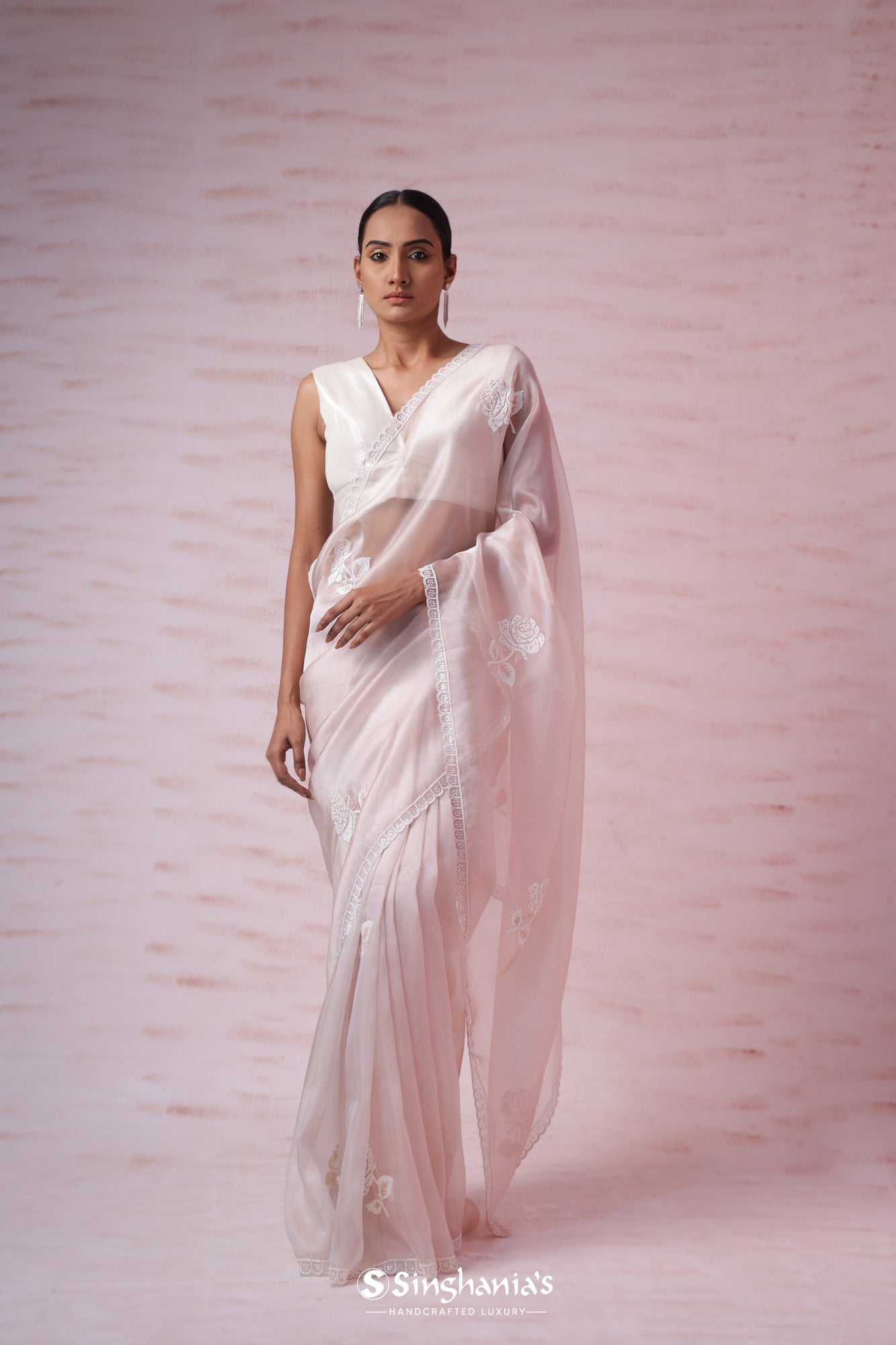 Powdery Peach Tissue Organza Saree With Hand Embroidery