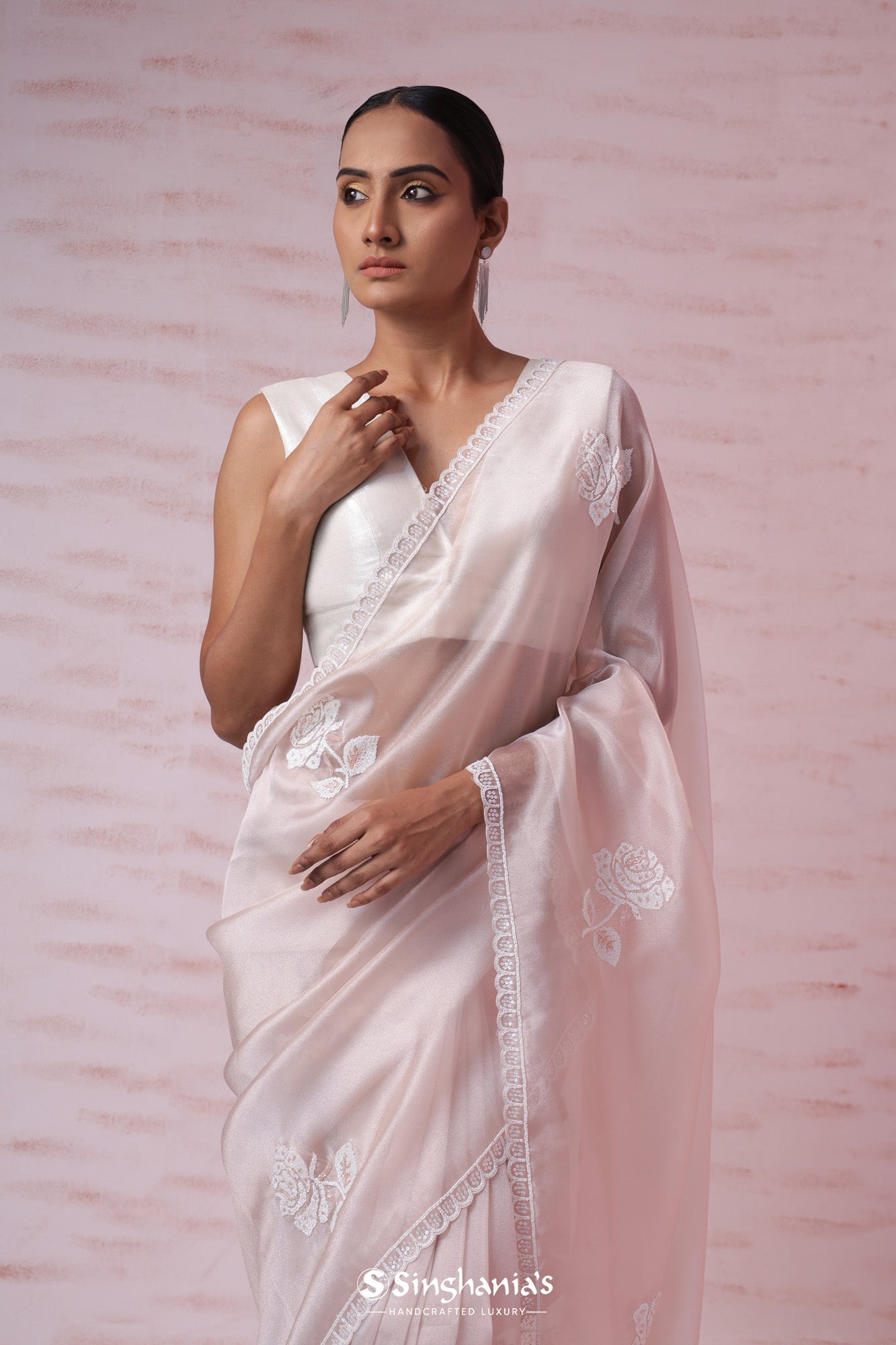 Powdery Peach Tissue Organza Saree With Hand Embroidery