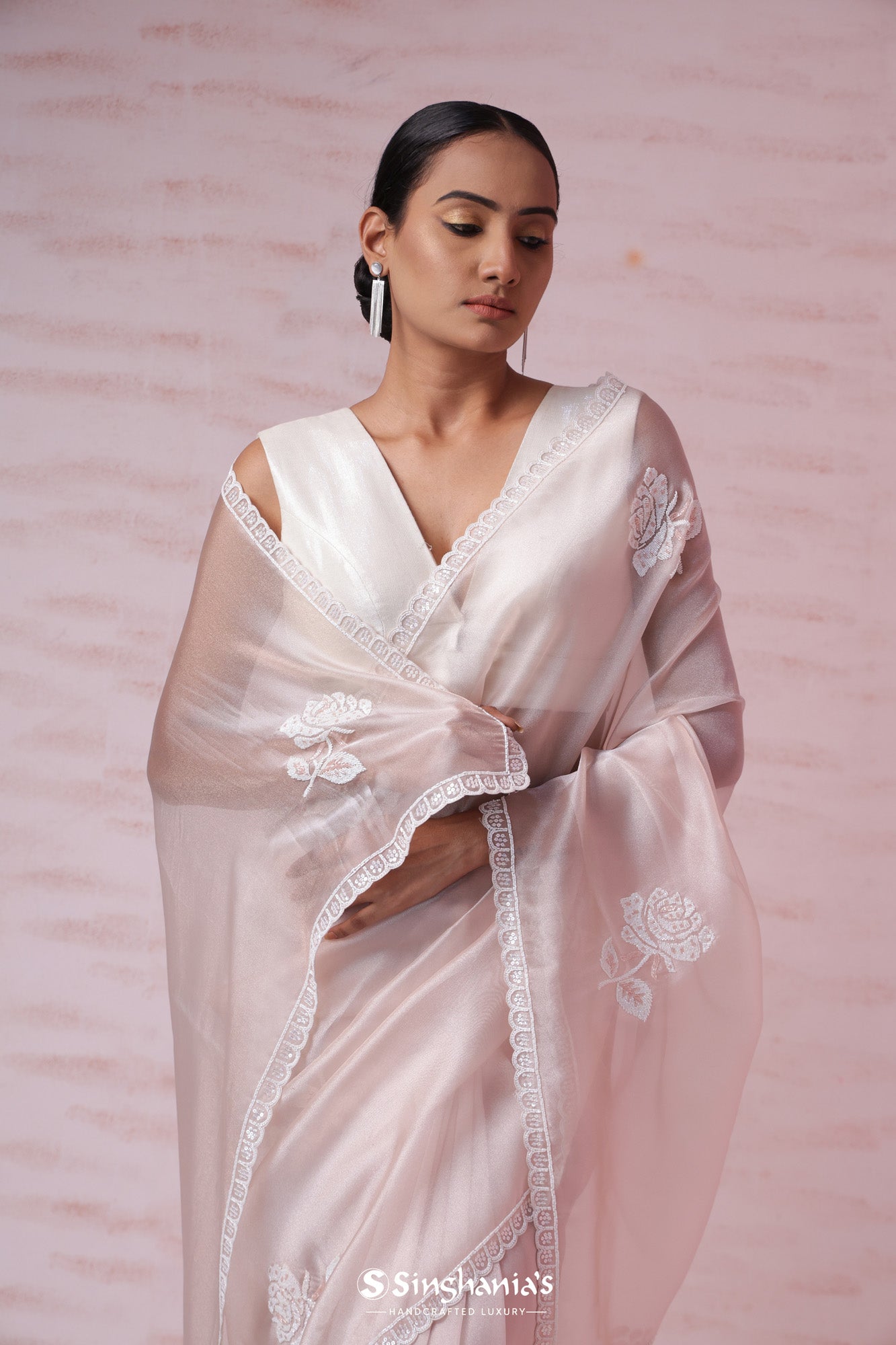 Powdery Peach Tissue Organza Saree With Hand Embroidery