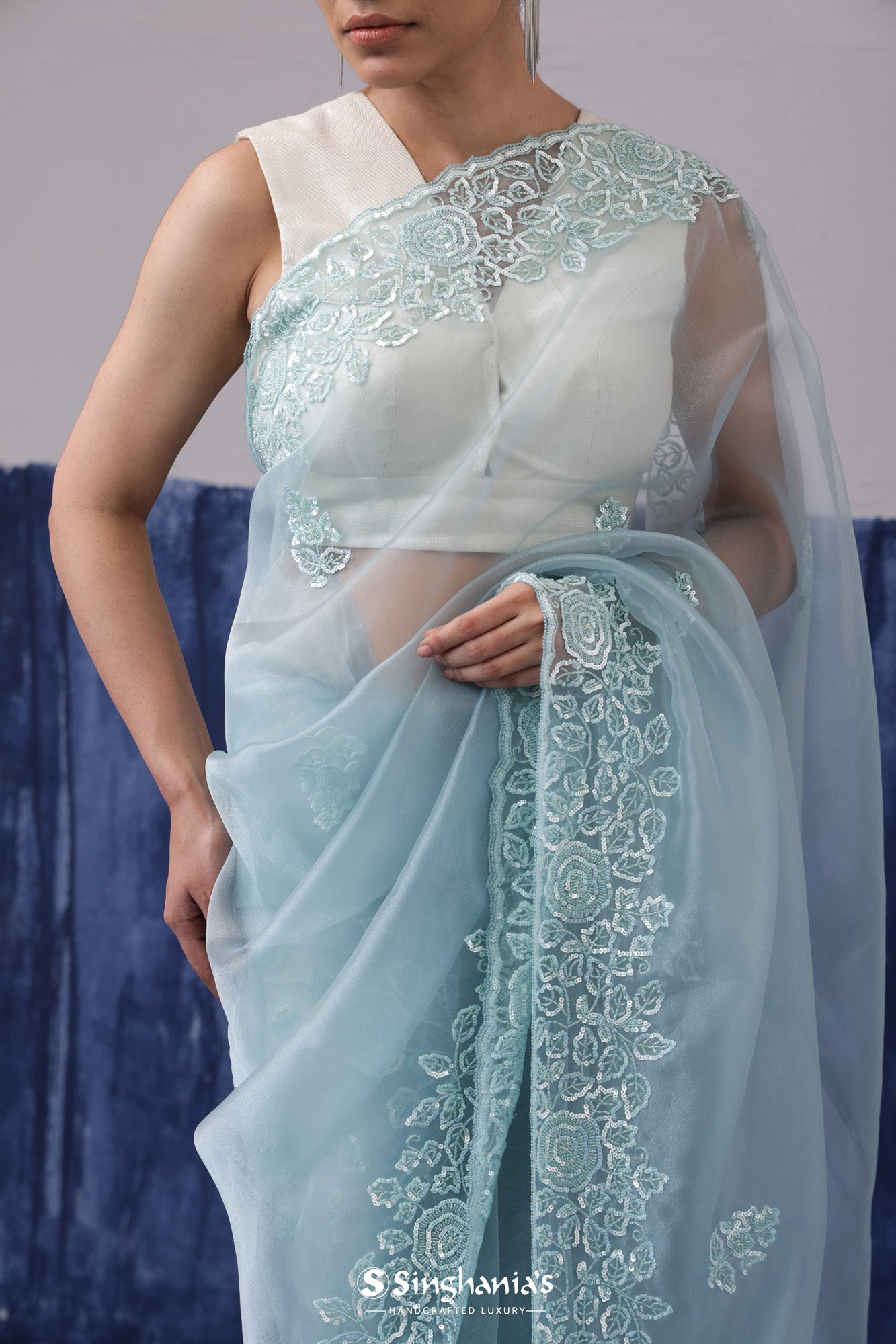 Sky Blue Tissue Organza Saree With Embroidery Butta Work