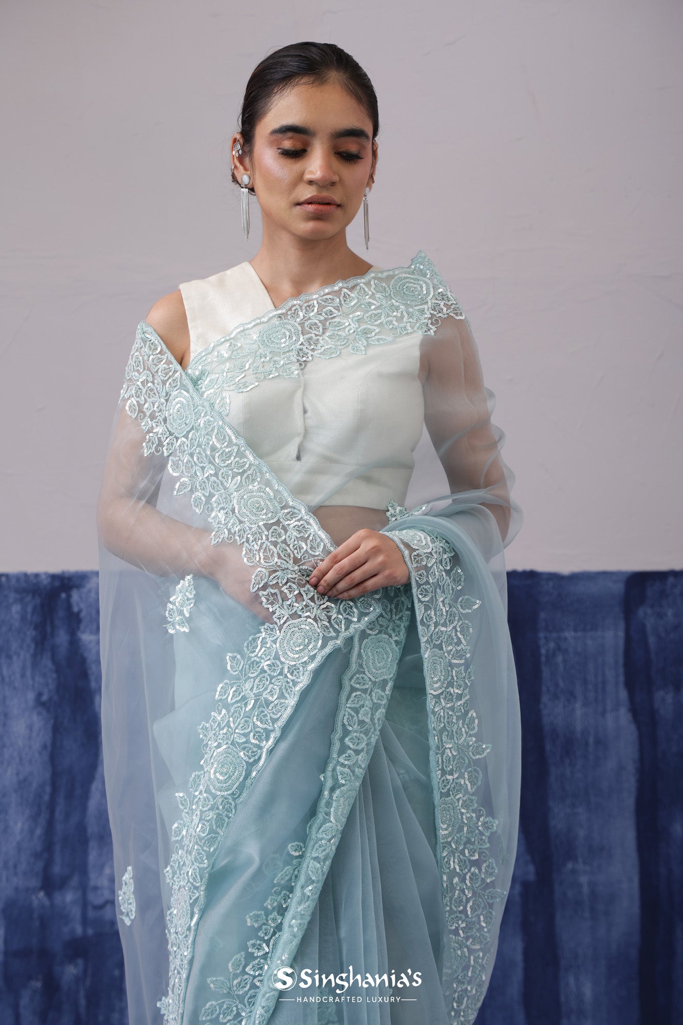 Sky Blue Tissue Organza Saree With Embroidery Butta Work