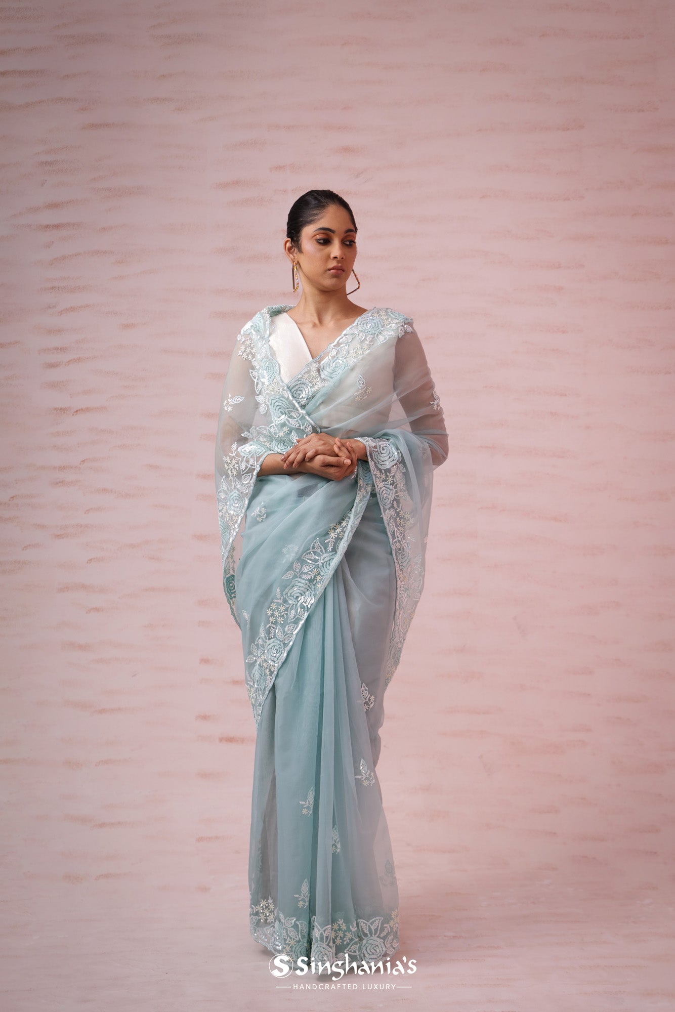 Powder Blue Organza Saree With Floral Embroidery