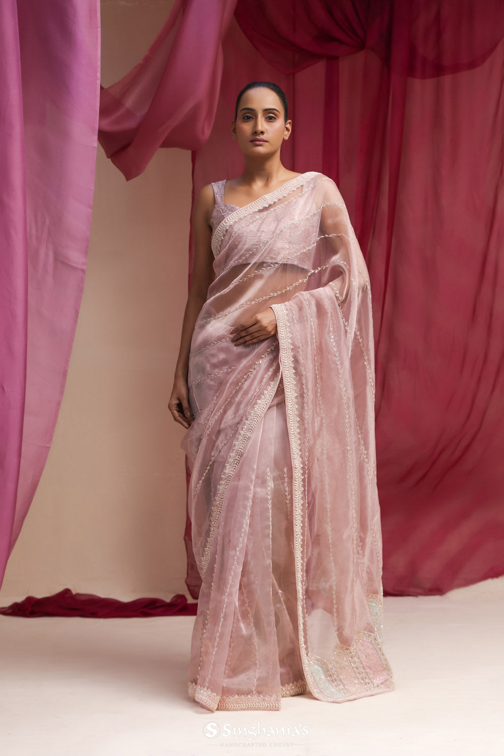 Baby Pink Tissue Organza Saree With Hand Embroidery