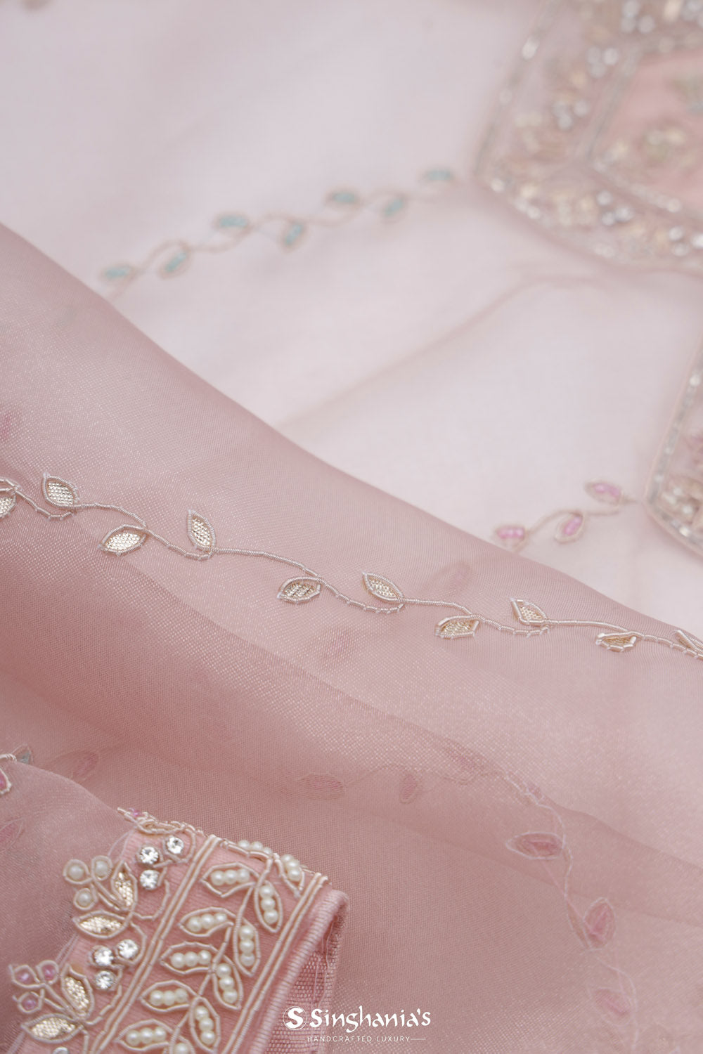 Baby Pink Tissue Organza Saree With Hand Embroidery