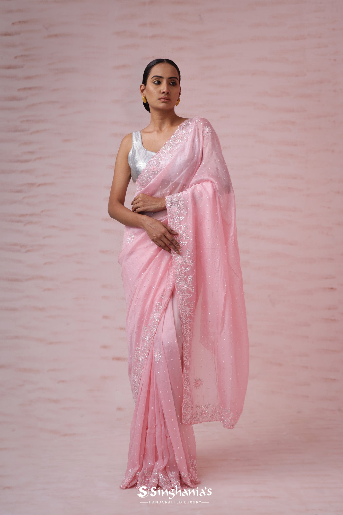 Flamingo Pink Organza Saree With Hand Embroidery