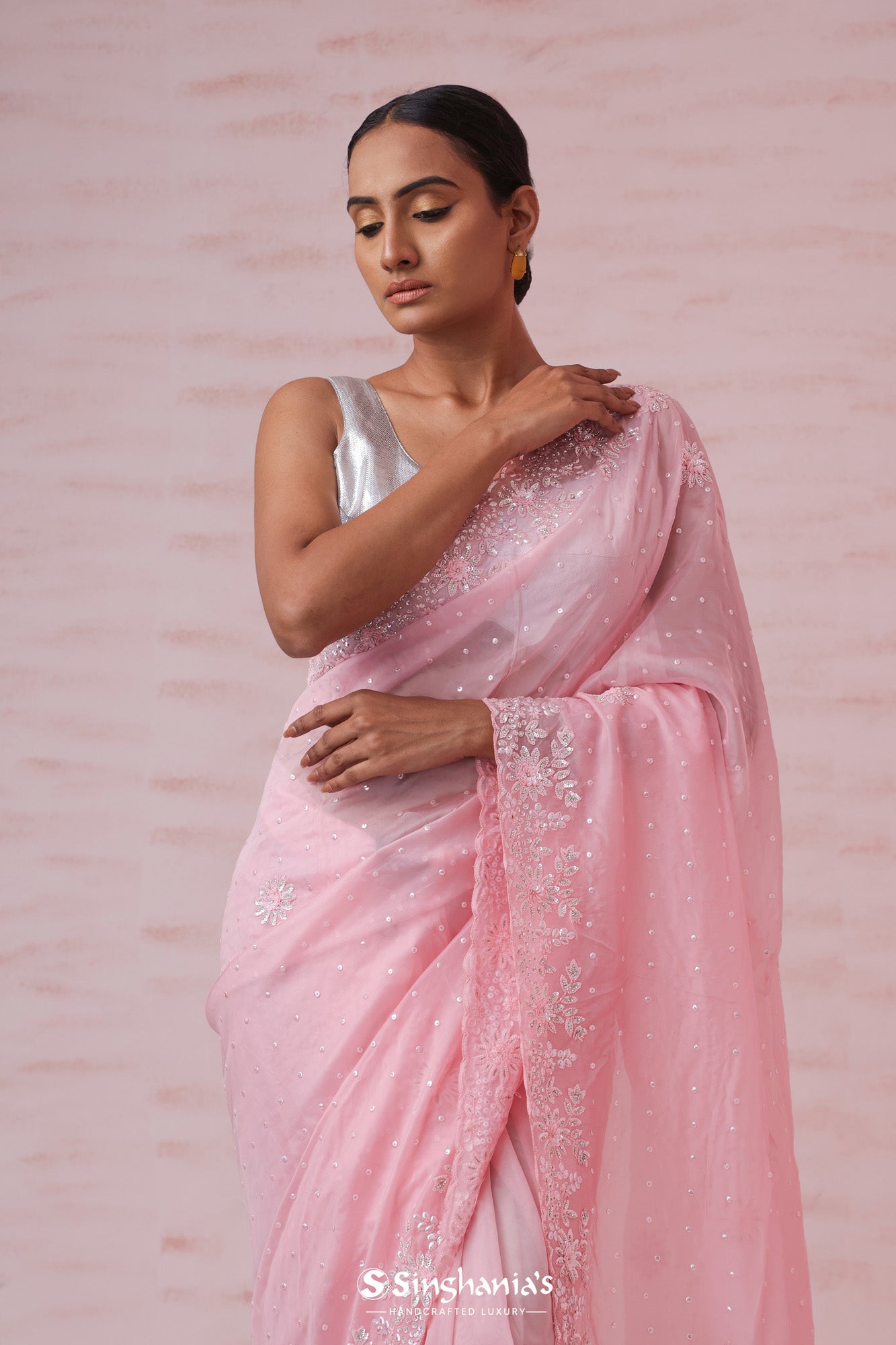 Flamingo Pink Organza Saree With Hand Embroidery