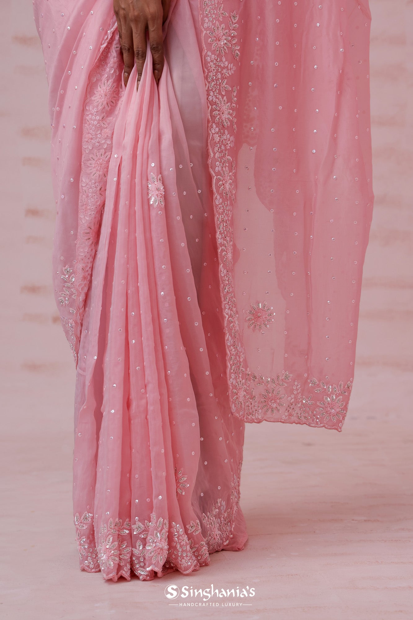 Flamingo Pink Organza Saree With Hand Embroidery